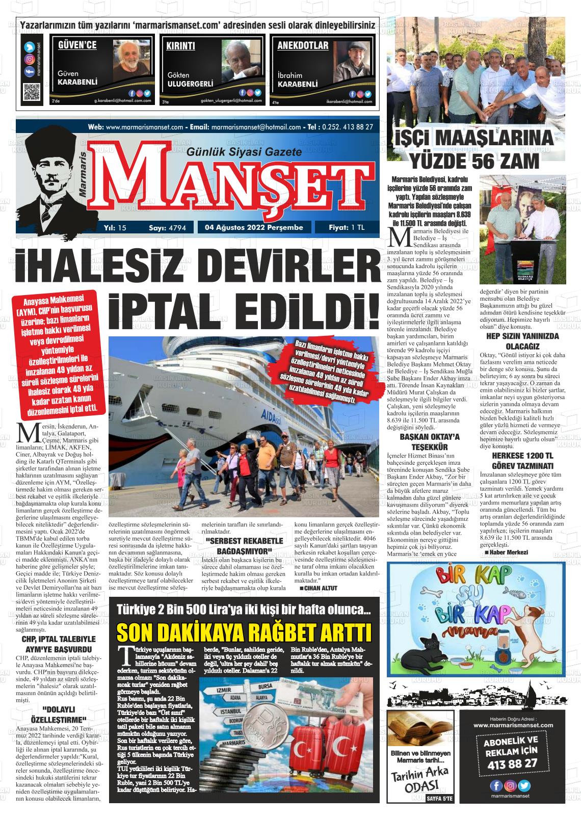 04 Ağustos 2022 Marmaris Manşet Gazete Manşeti