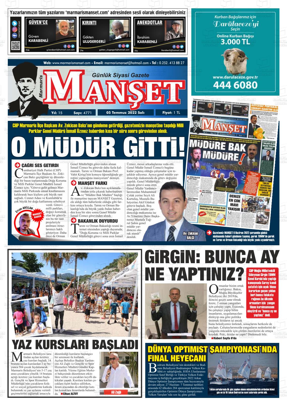 05 Temmuz 2022 Marmaris Manşet Gazete Manşeti