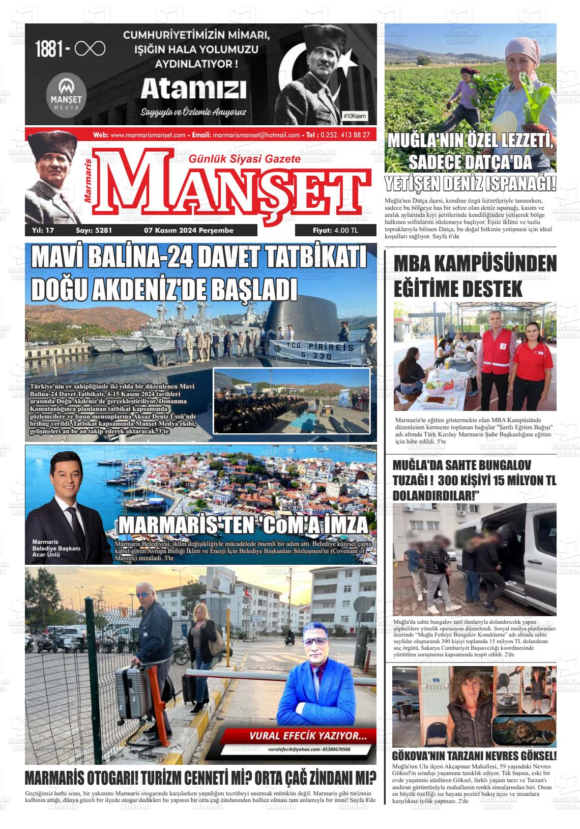 07 Kasım 2024 Marmaris Manşet Gazete Manşeti