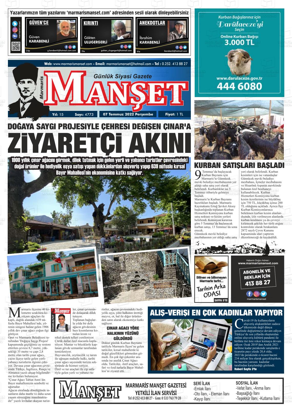 07 Temmuz 2022 Marmaris Manşet Gazete Manşeti