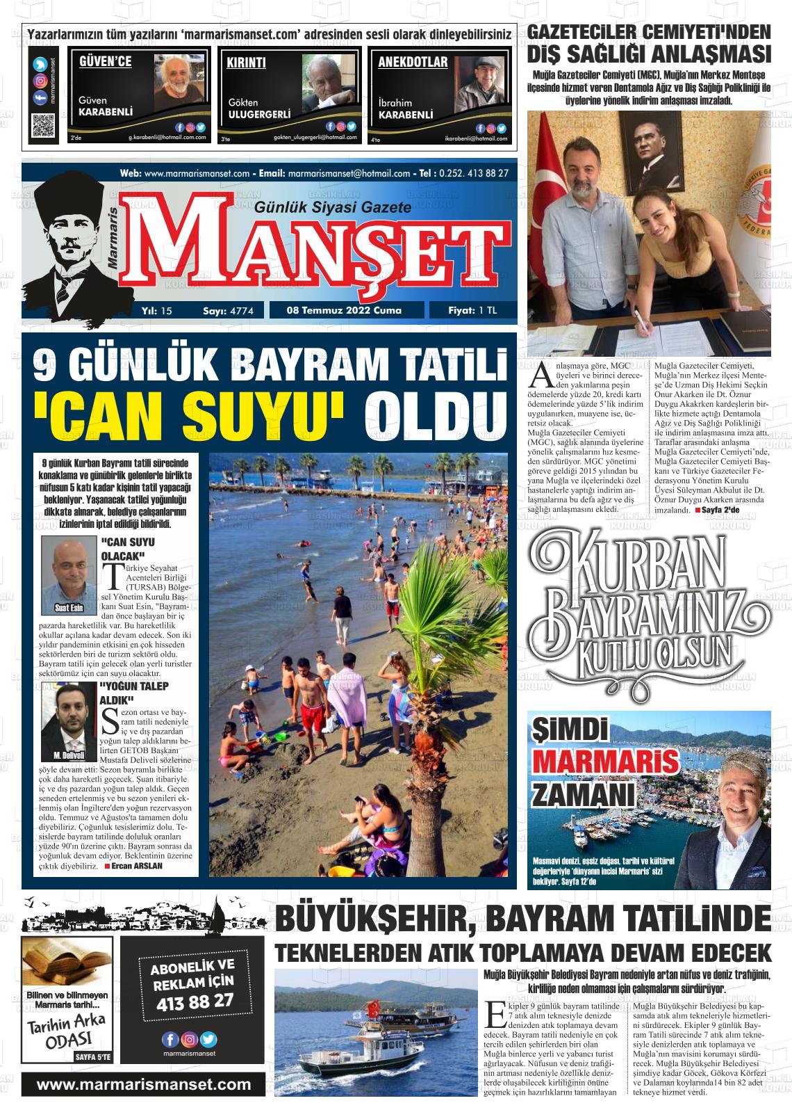 08 Temmuz 2022 Marmaris Manşet Gazete Manşeti