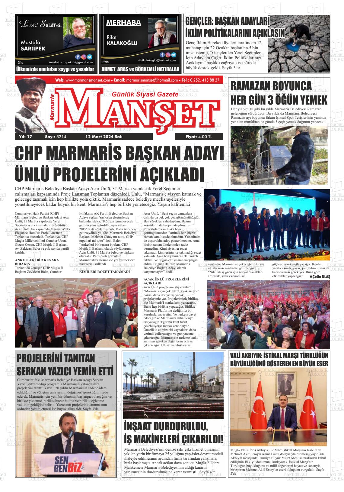 12 Mart 2024 Marmaris Manşet Gazete Manşeti