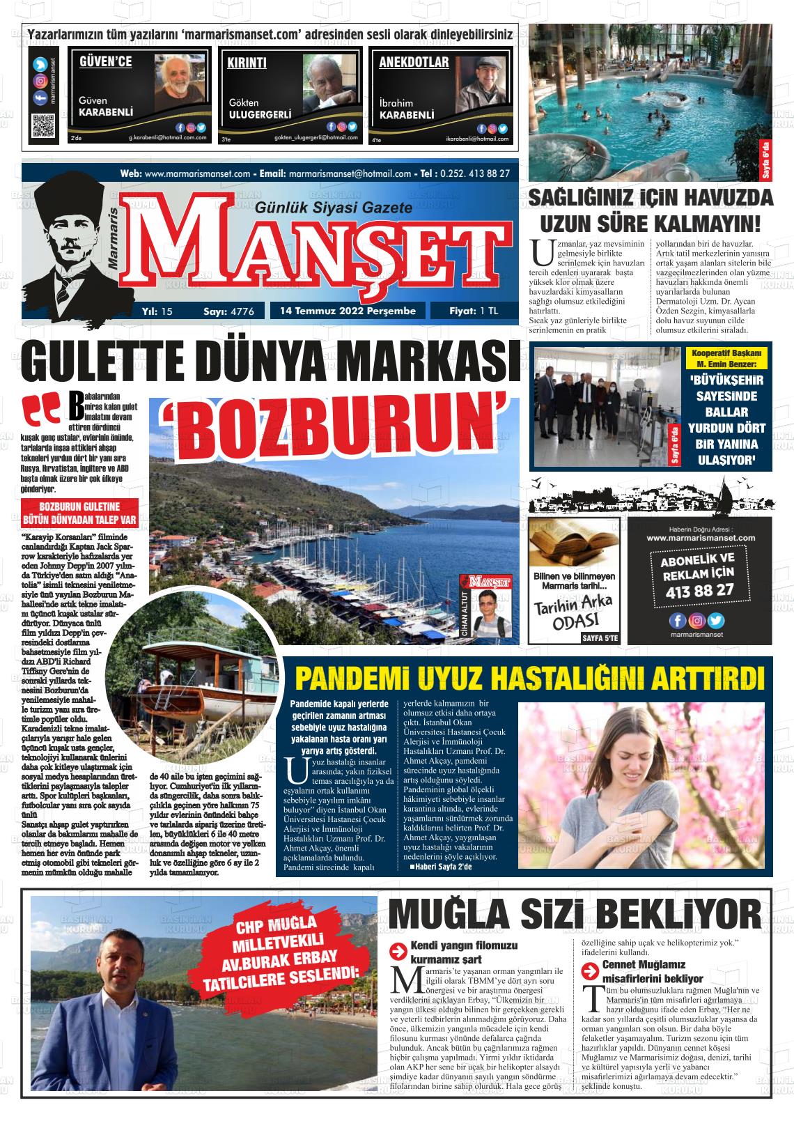 14 Temmuz 2022 Marmaris Manşet Gazete Manşeti