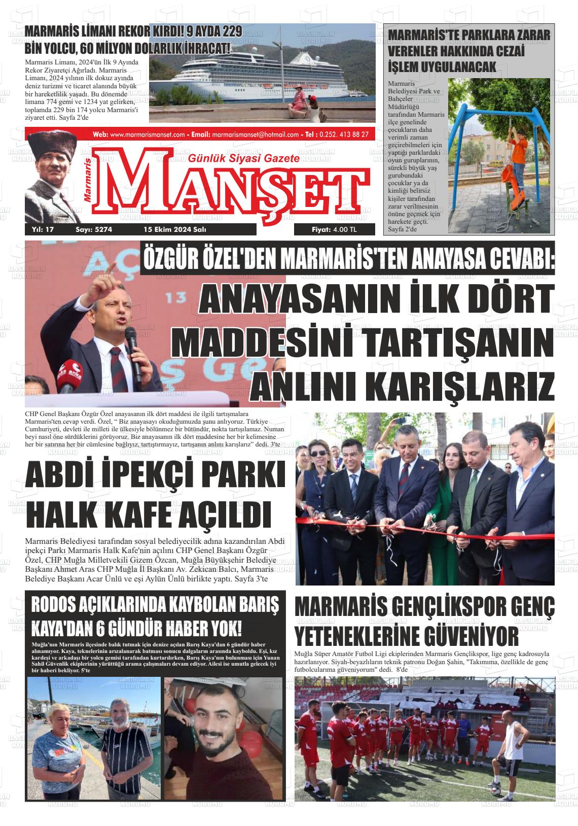 15 Ekim 2024 Marmaris Manşet Gazete Manşeti