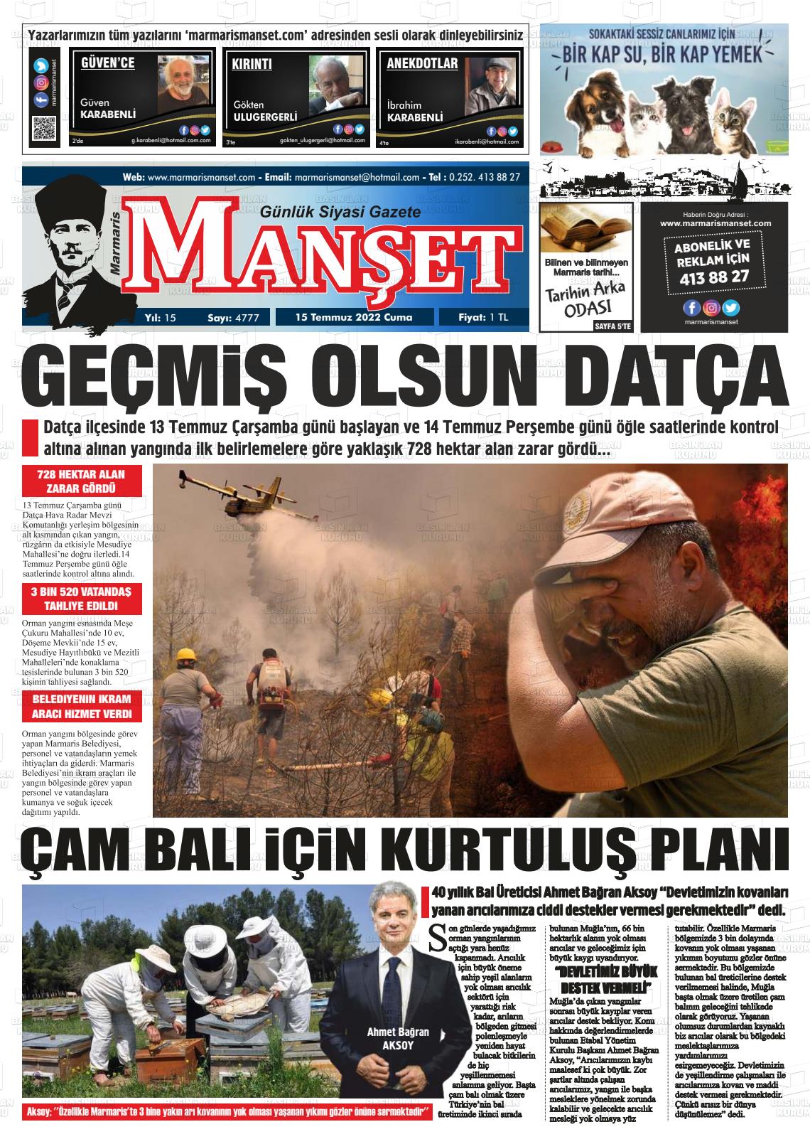 15 Temmuz 2022 Marmaris Manşet Gazete Manşeti