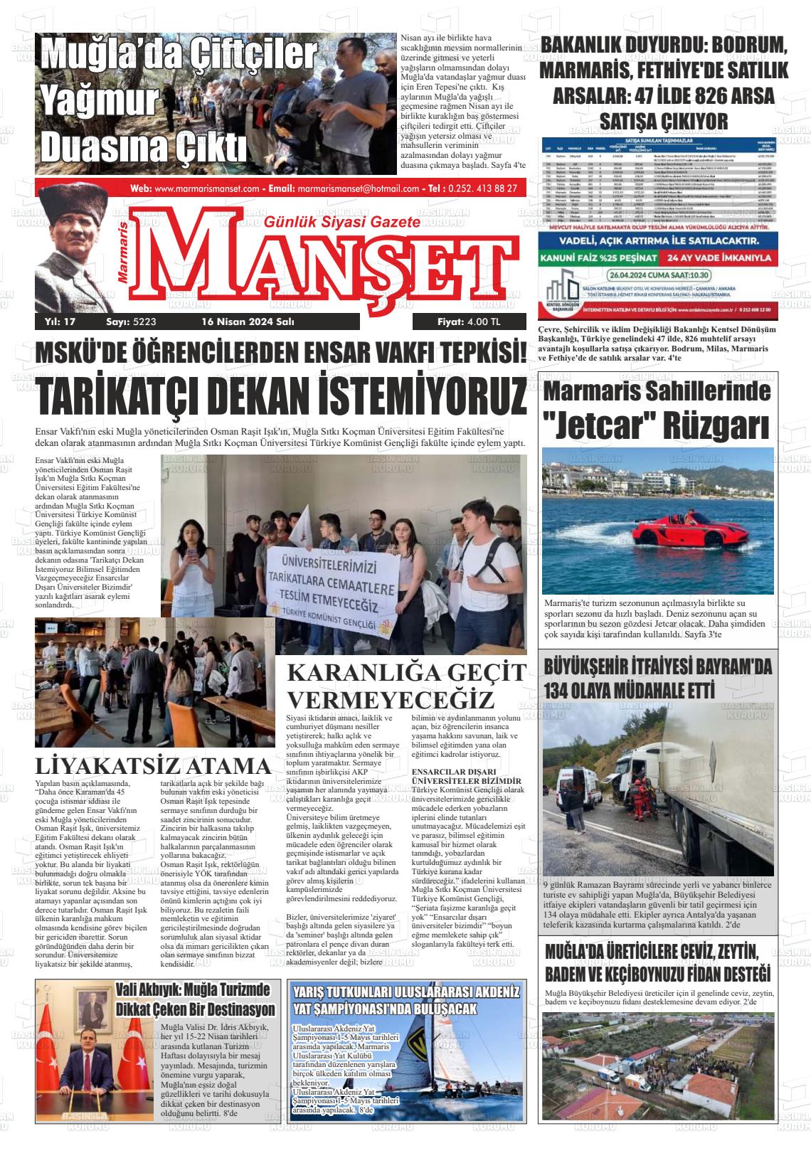 16 Nisan 2024 Marmaris Manşet Gazete Manşeti