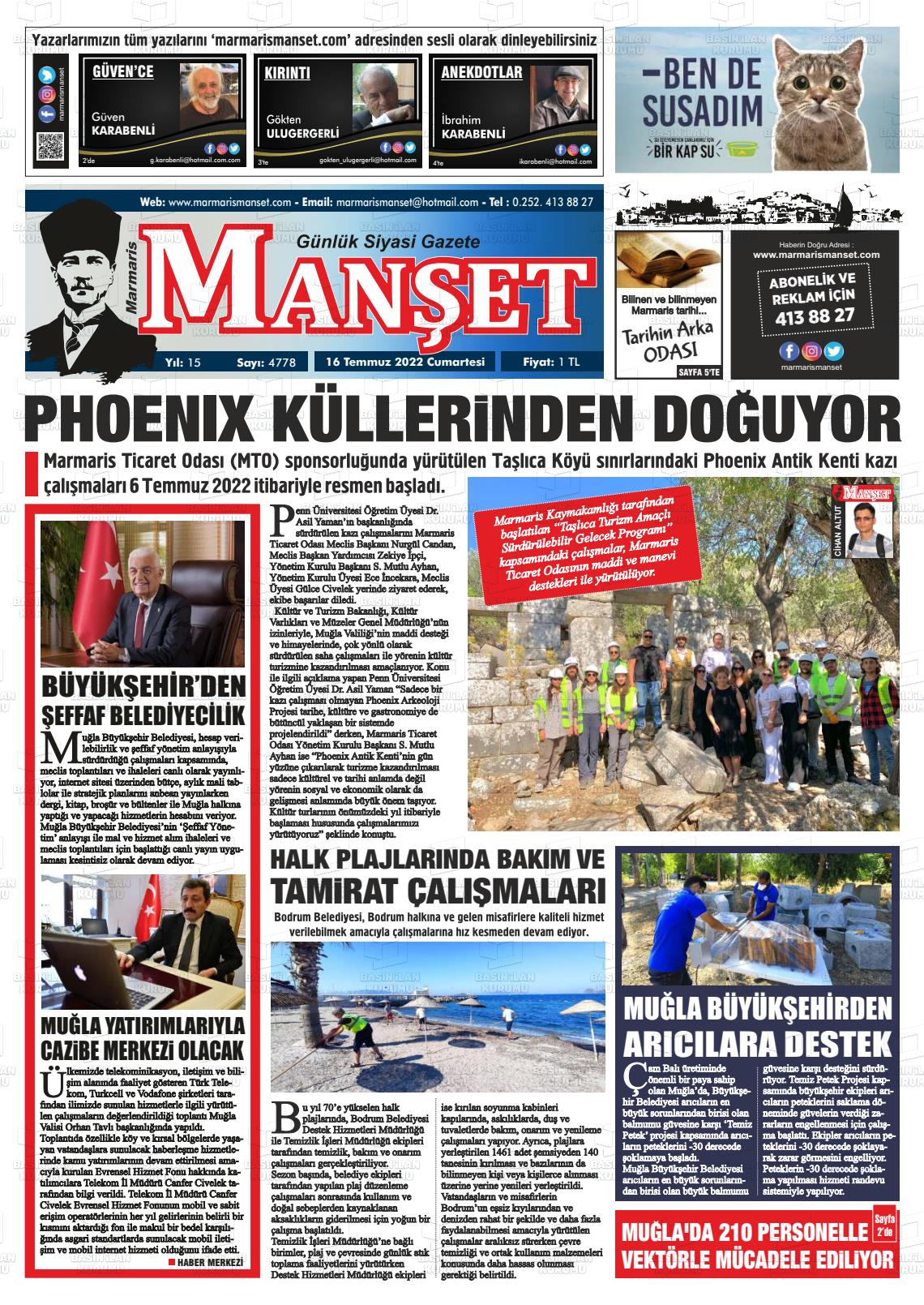 16 Temmuz 2022 Marmaris Manşet Gazete Manşeti