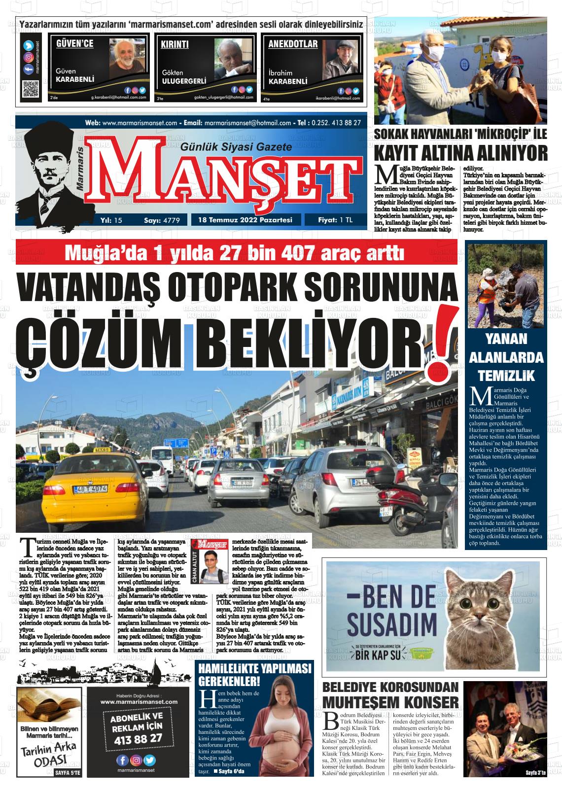 18 Temmuz 2022 Marmaris Manşet Gazete Manşeti