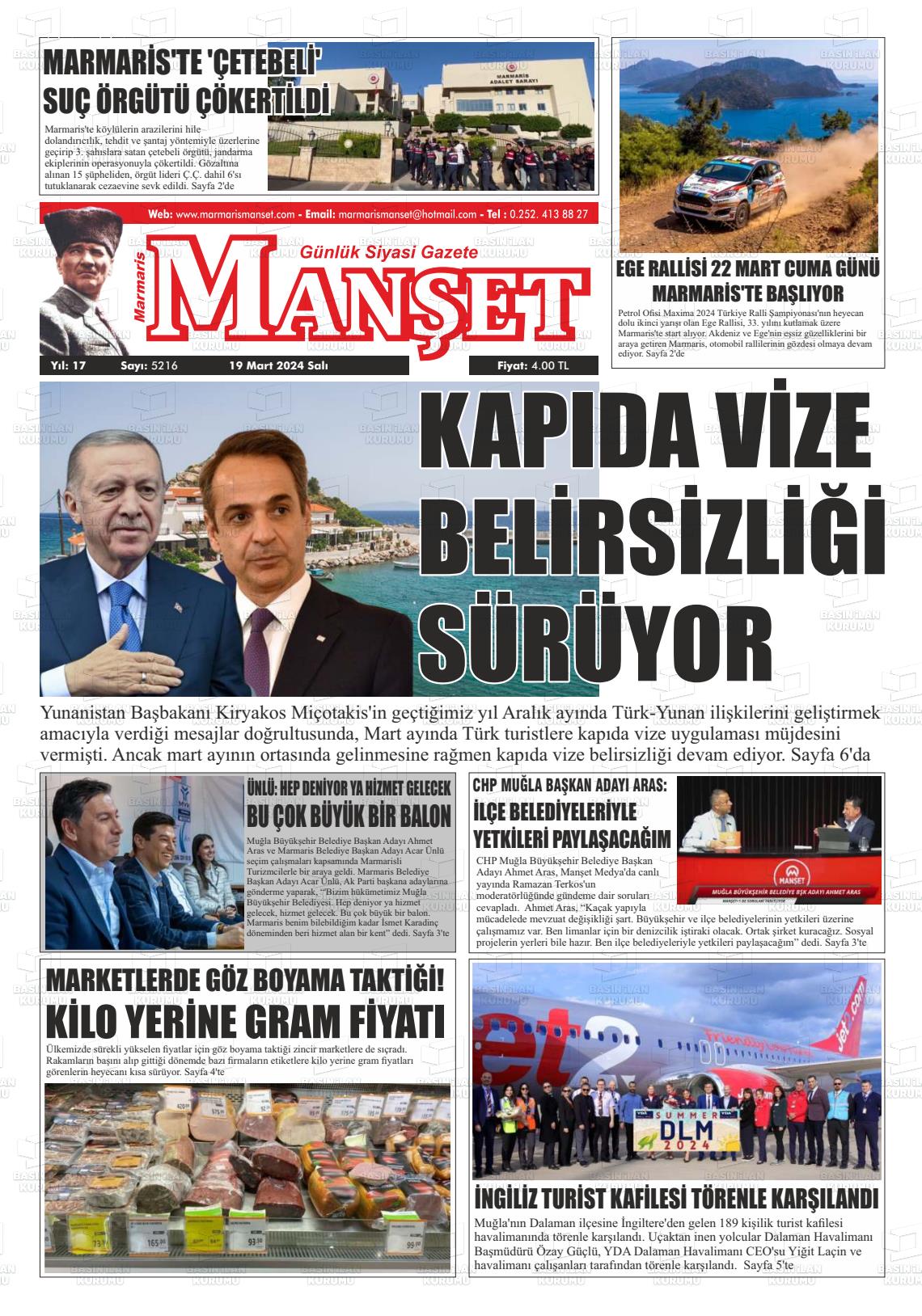 19 Mart 2024 Marmaris Manşet Gazete Manşeti