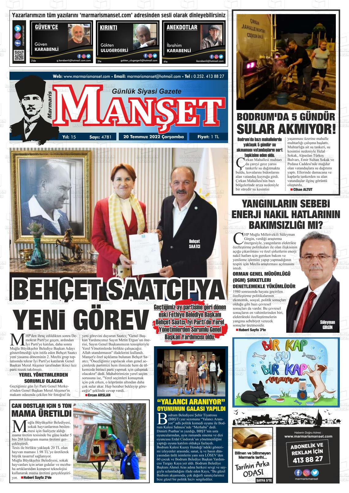 20 Temmuz 2022 Marmaris Manşet Gazete Manşeti