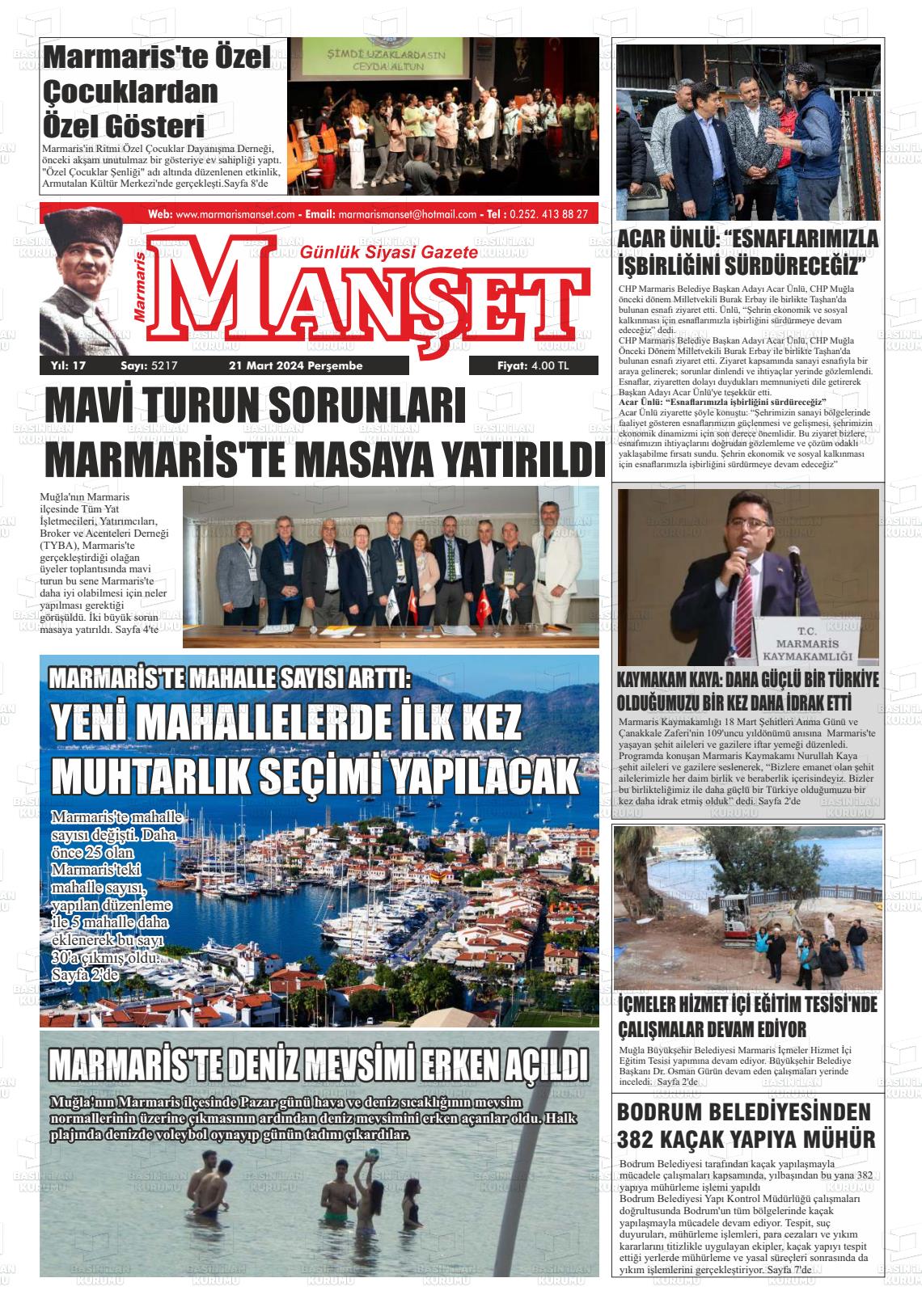 21 Mart 2024 Marmaris Manşet Gazete Manşeti