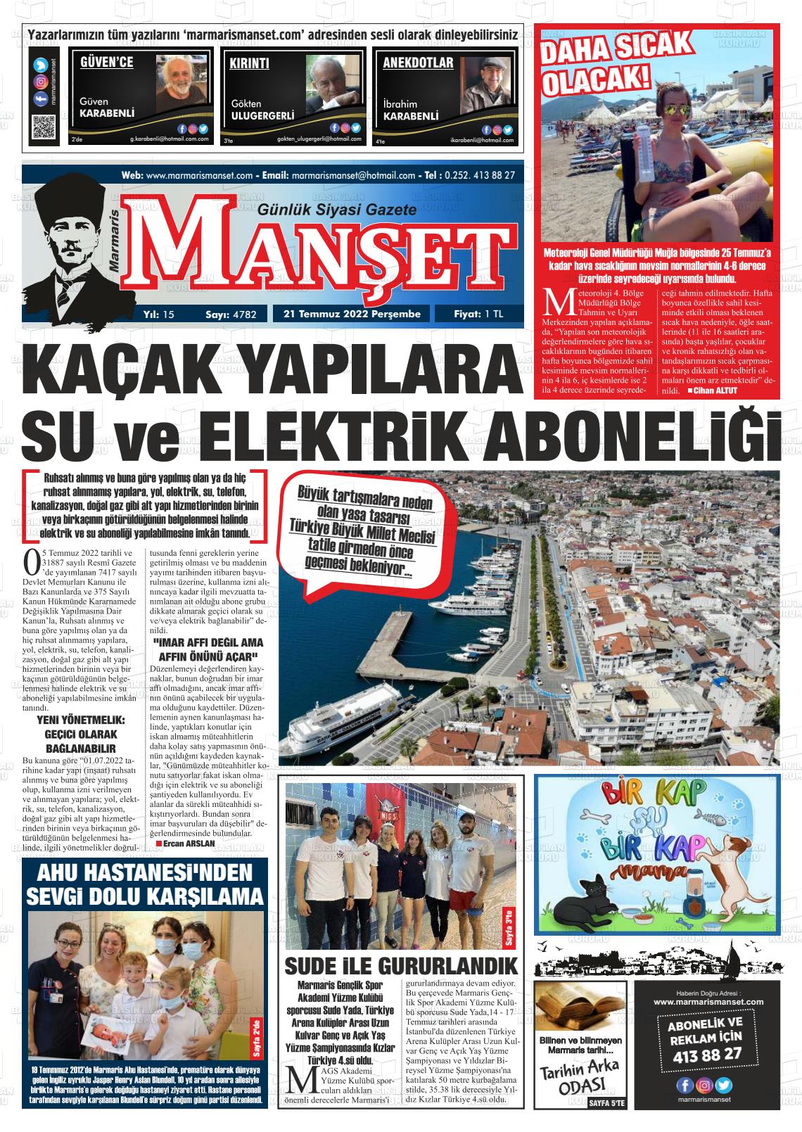 21 Temmuz 2022 Marmaris Manşet Gazete Manşeti