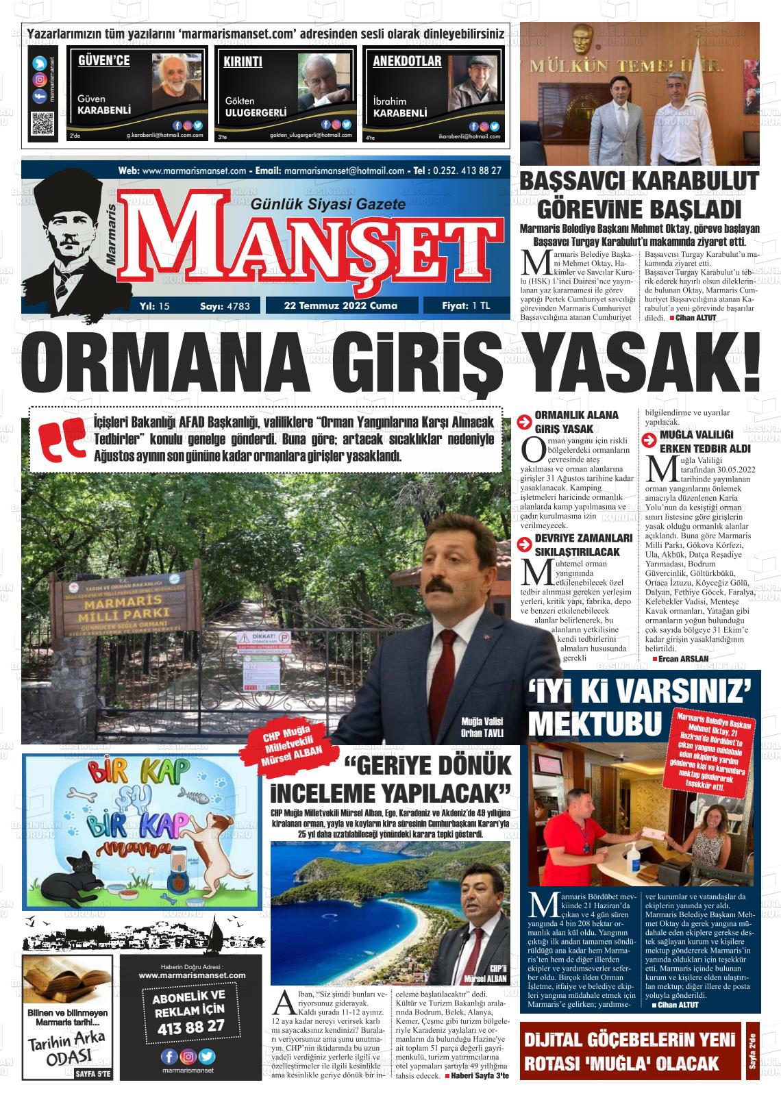 22 Temmuz 2022 Marmaris Manşet Gazete Manşeti