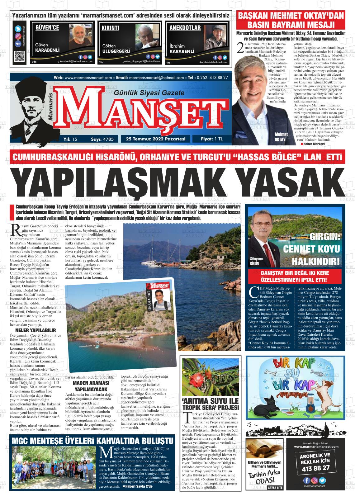 25 Temmuz 2022 Marmaris Manşet Gazete Manşeti