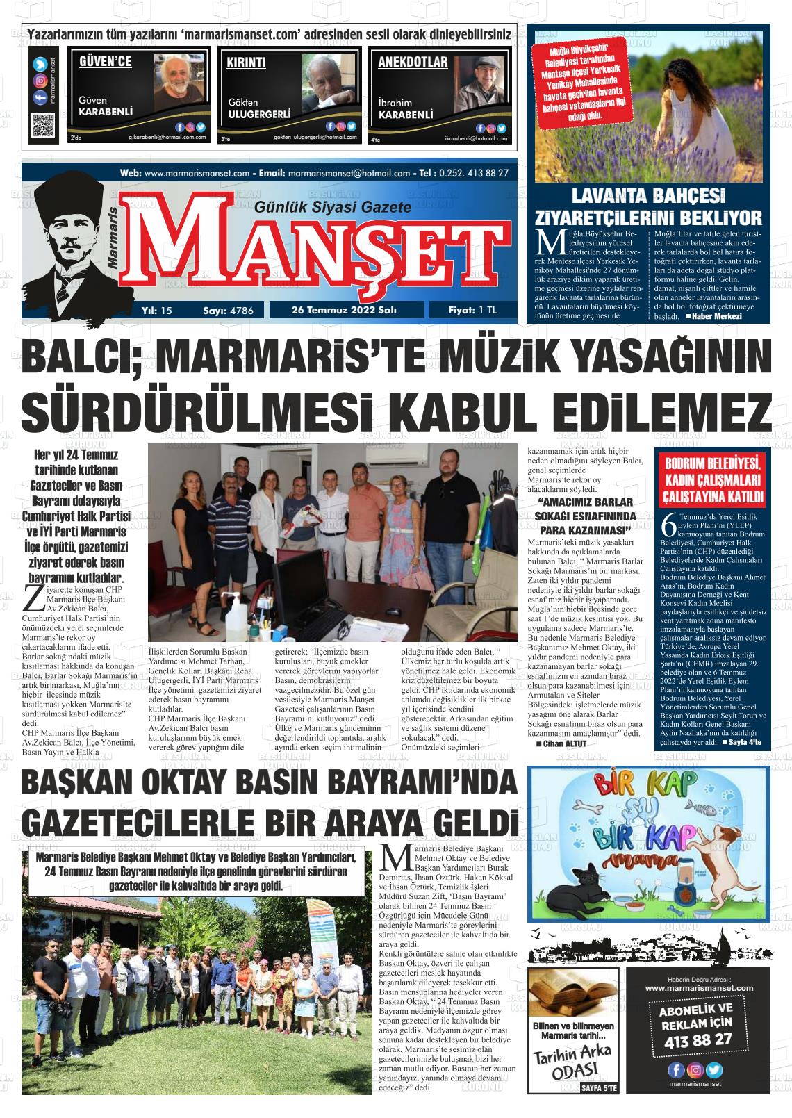 26 Temmuz 2022 Marmaris Manşet Gazete Manşeti