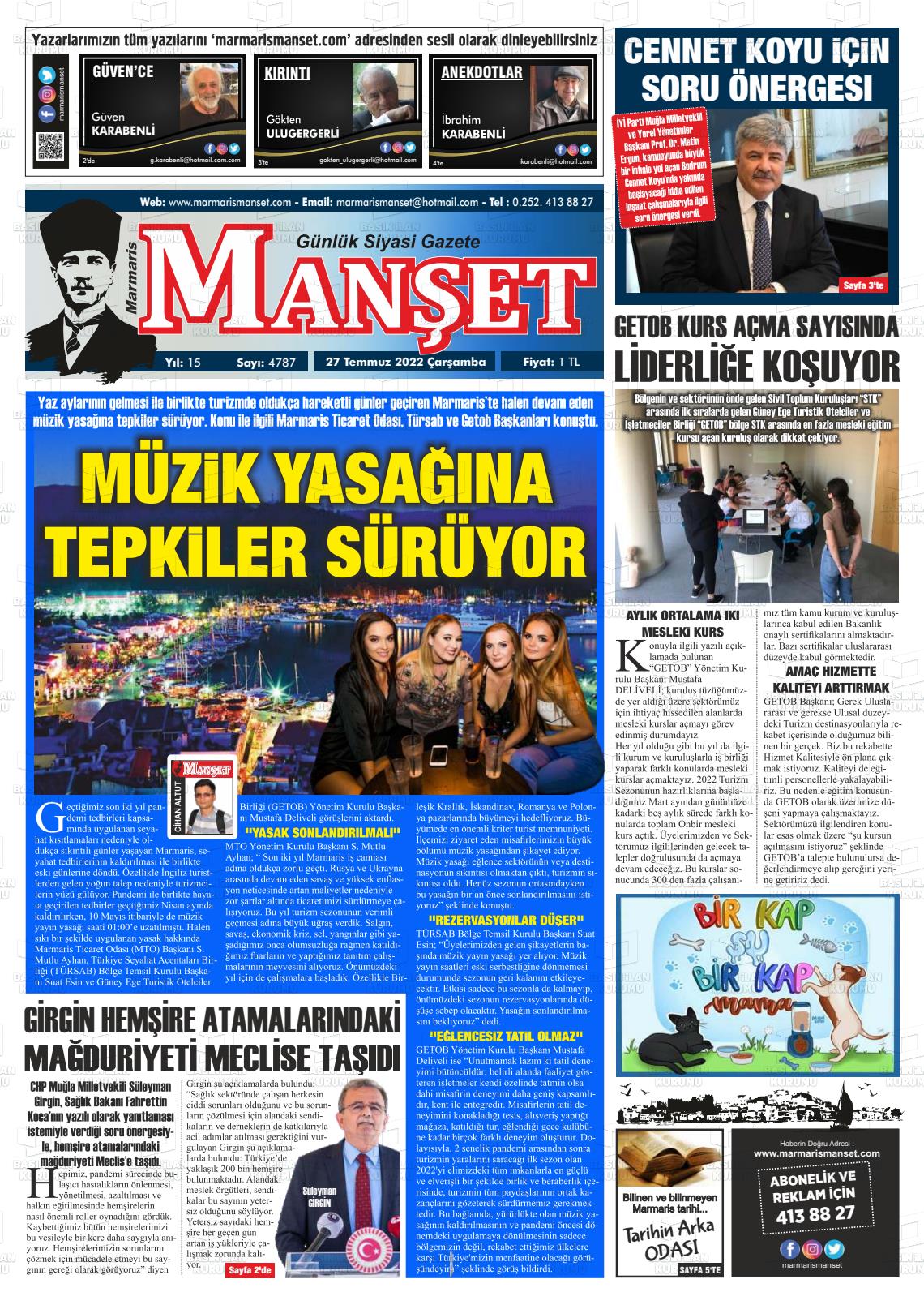 27 Temmuz 2022 Marmaris Manşet Gazete Manşeti