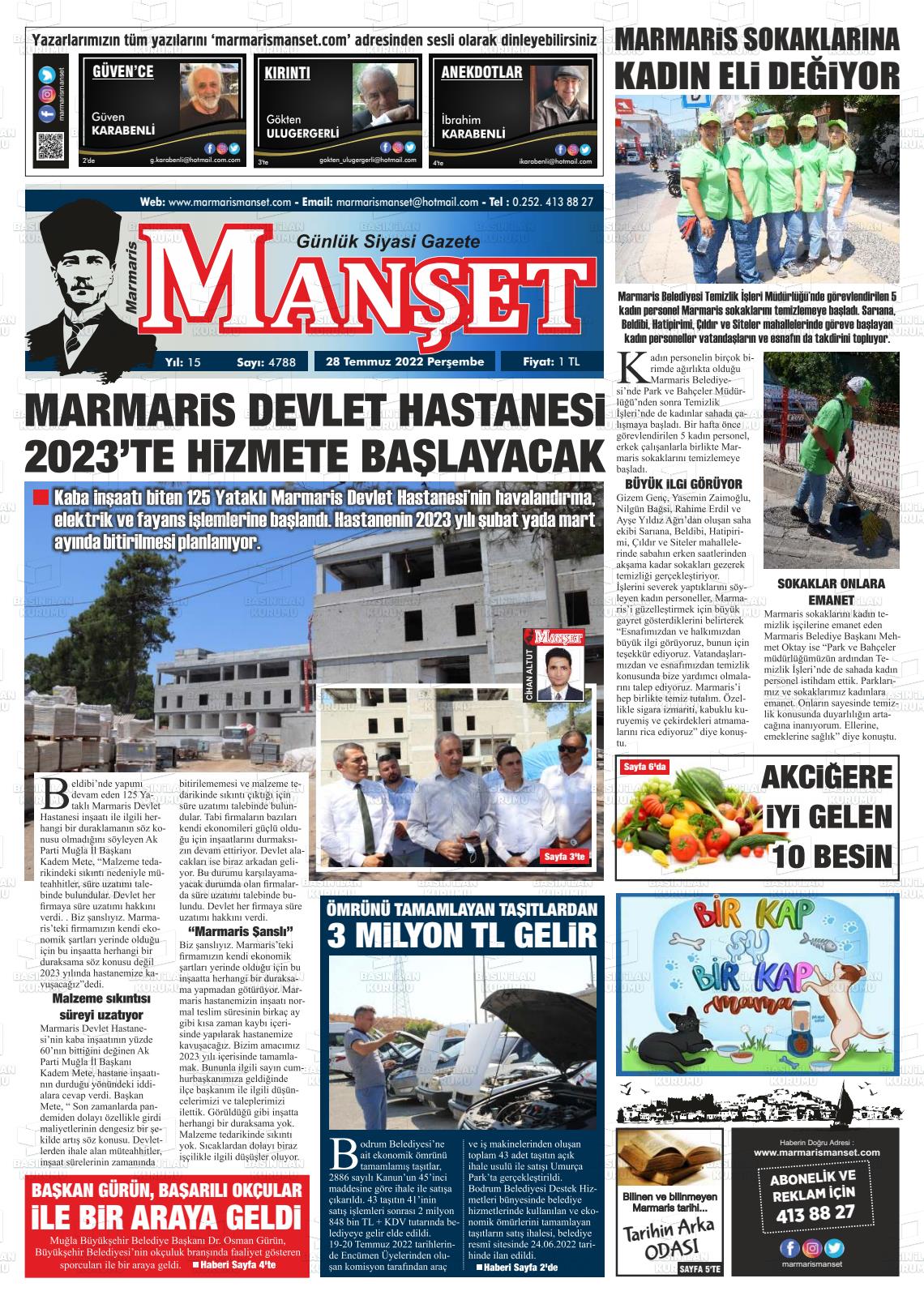 28 Temmuz 2022 Marmaris Manşet Gazete Manşeti