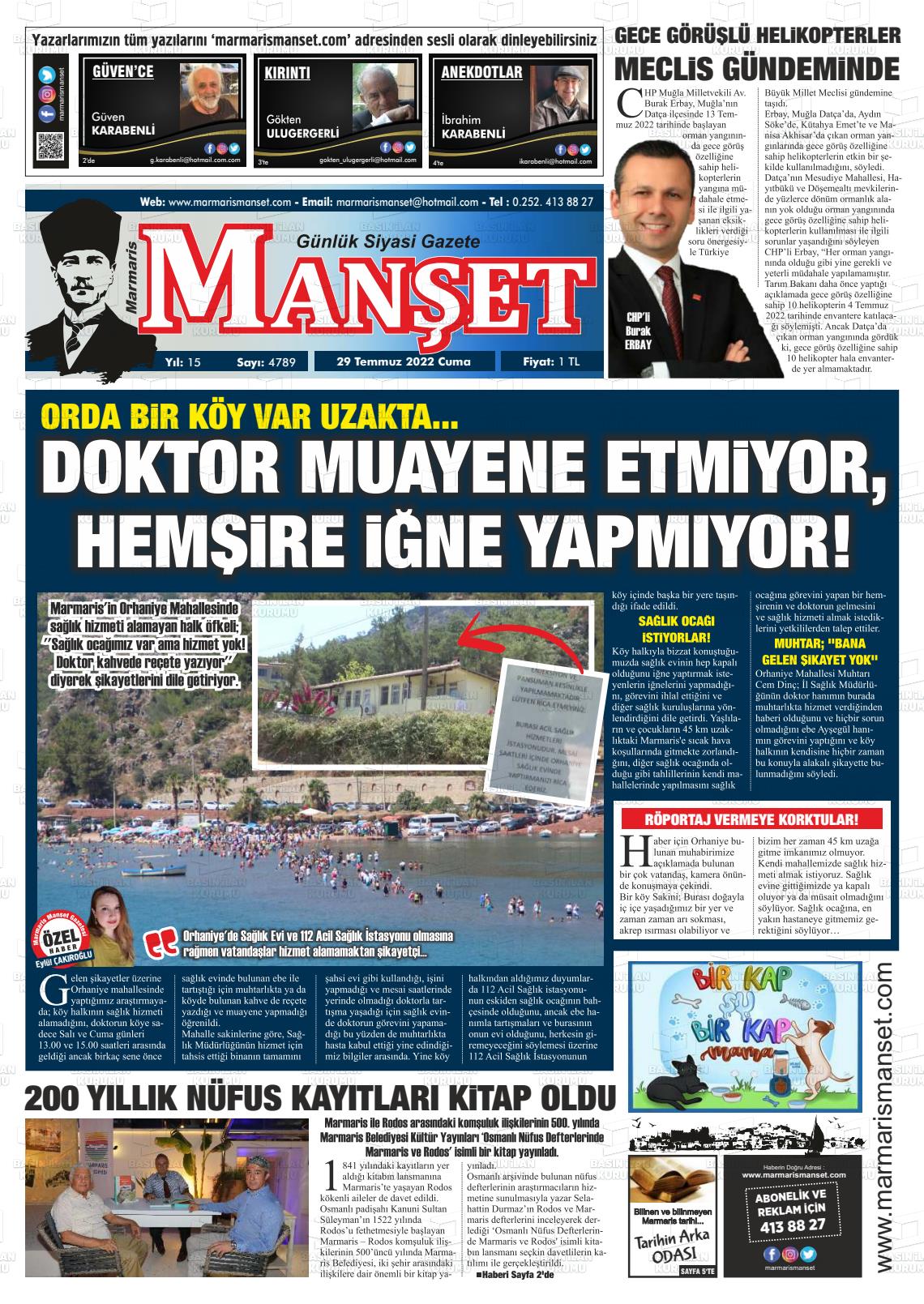 29 Temmuz 2022 Marmaris Manşet Gazete Manşeti