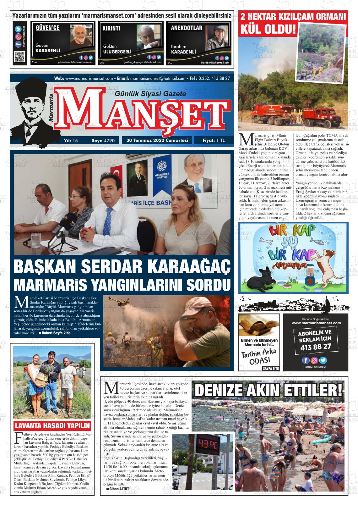 30 Temmuz 2022 Marmaris Manşet Gazete Manşeti