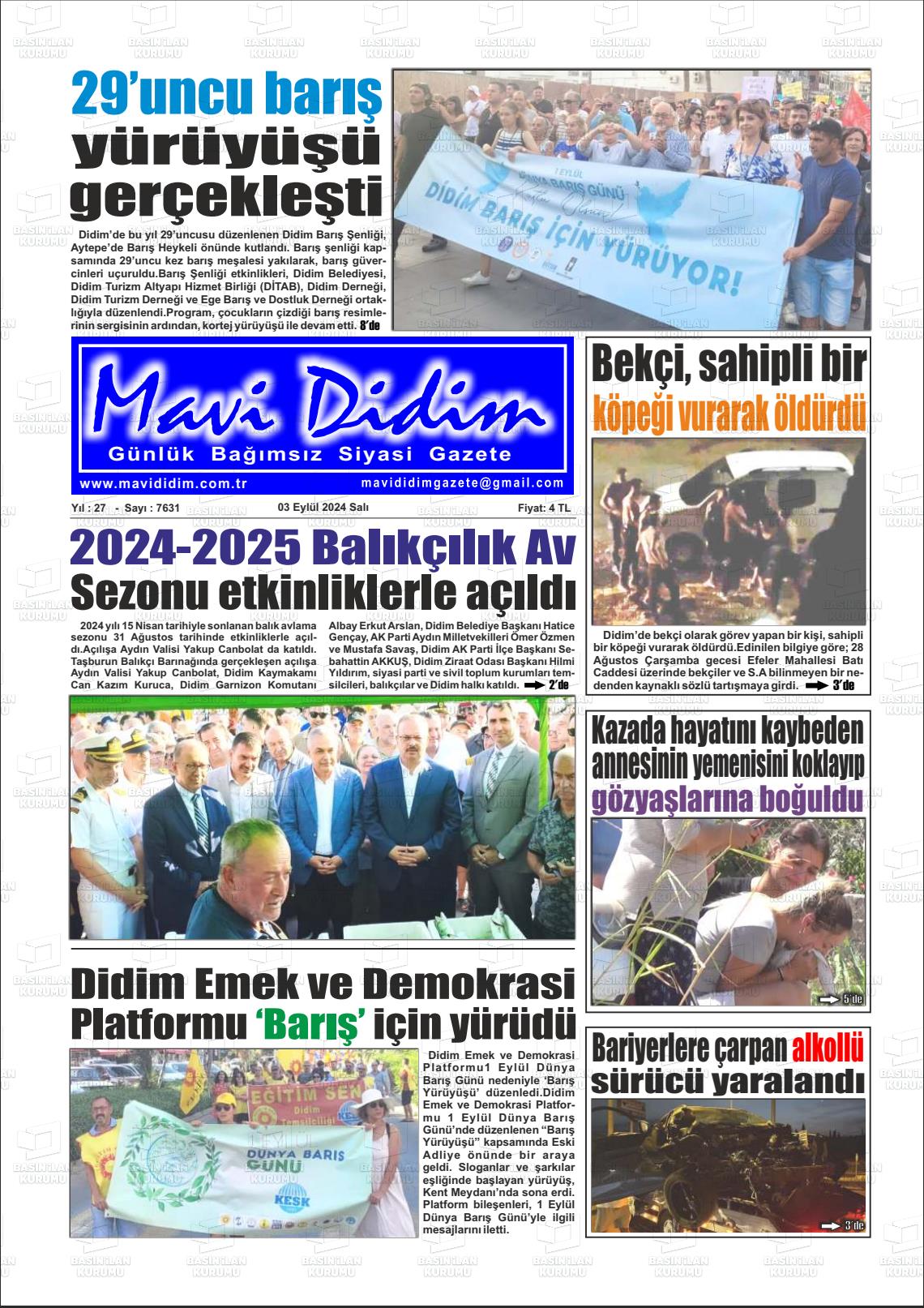 03 Eylül 2024 Mavi Didim Gazete Manşeti