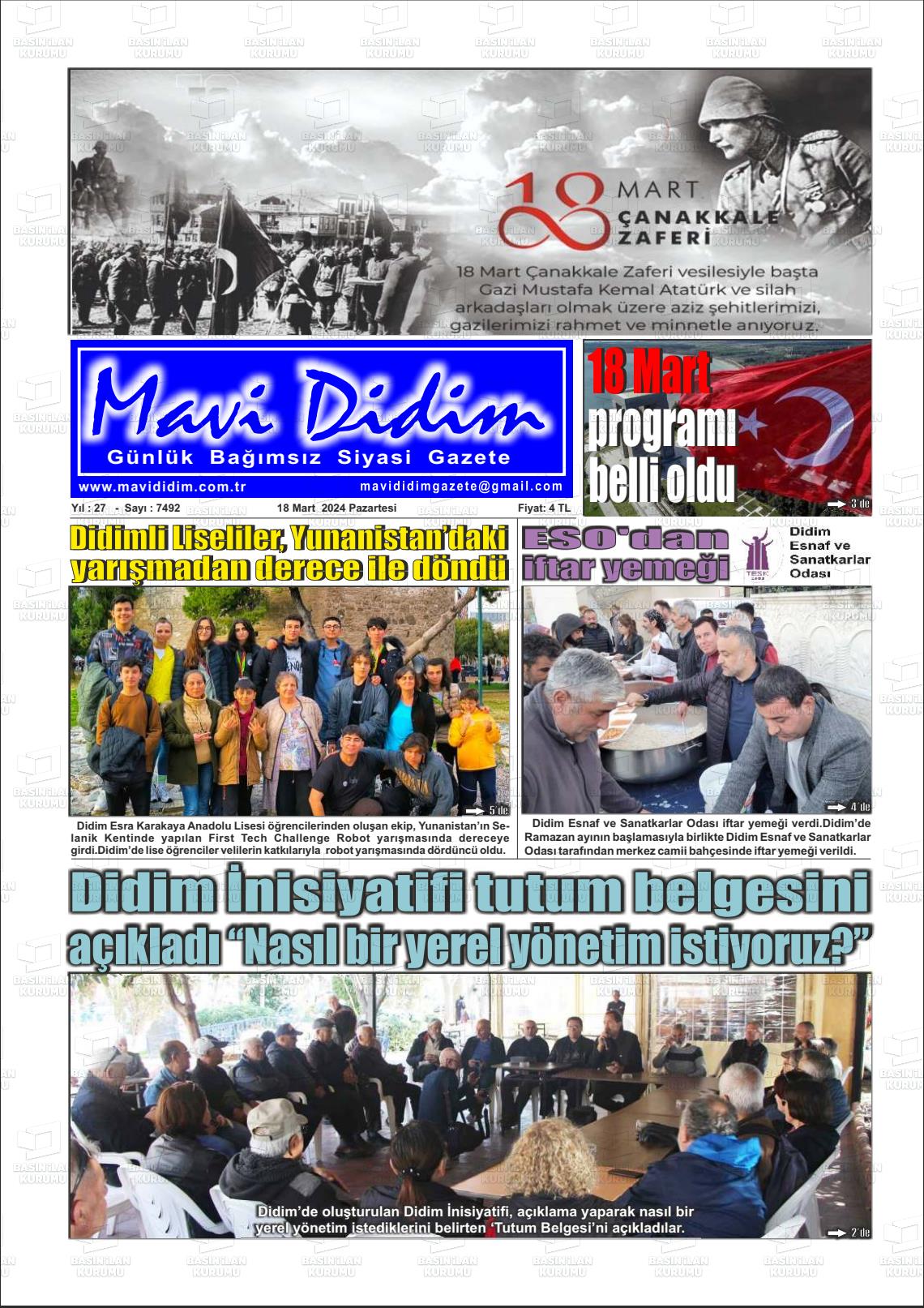 18 Mart 2024 Mavi Didim Gazete Manşeti