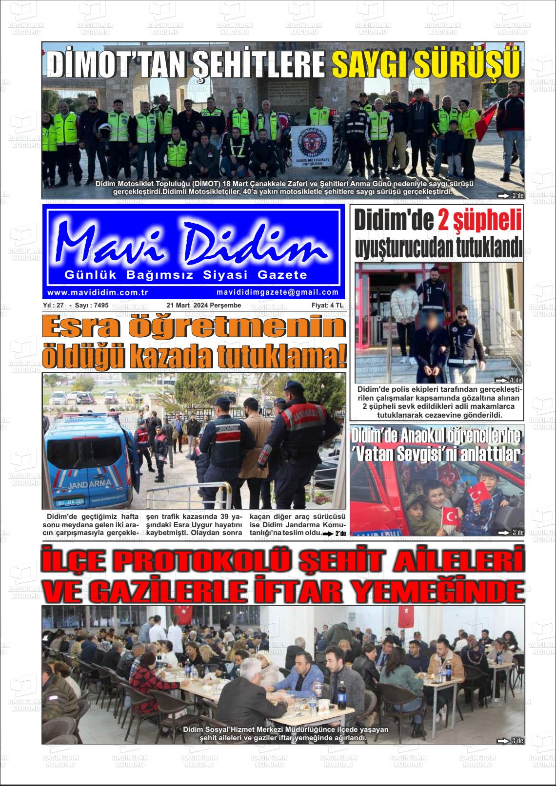 21 Mart 2024 Mavi Didim Gazete Manşeti