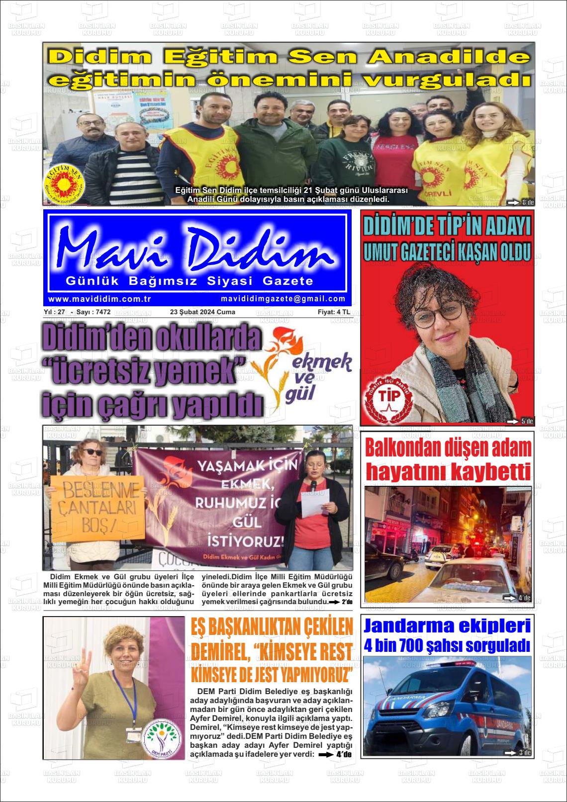 23 Şubat 2024 Mavi Didim Gazete Manşeti