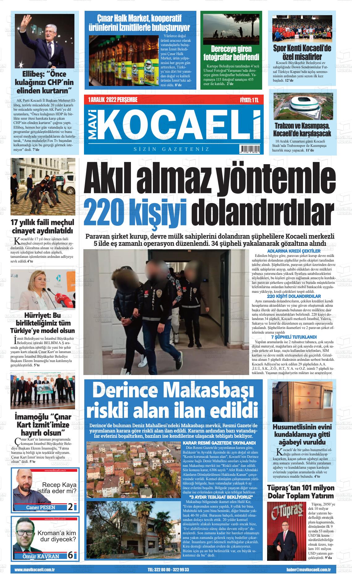 01 Aralık 2022 Mavi Kocaeli Gazete Manşeti