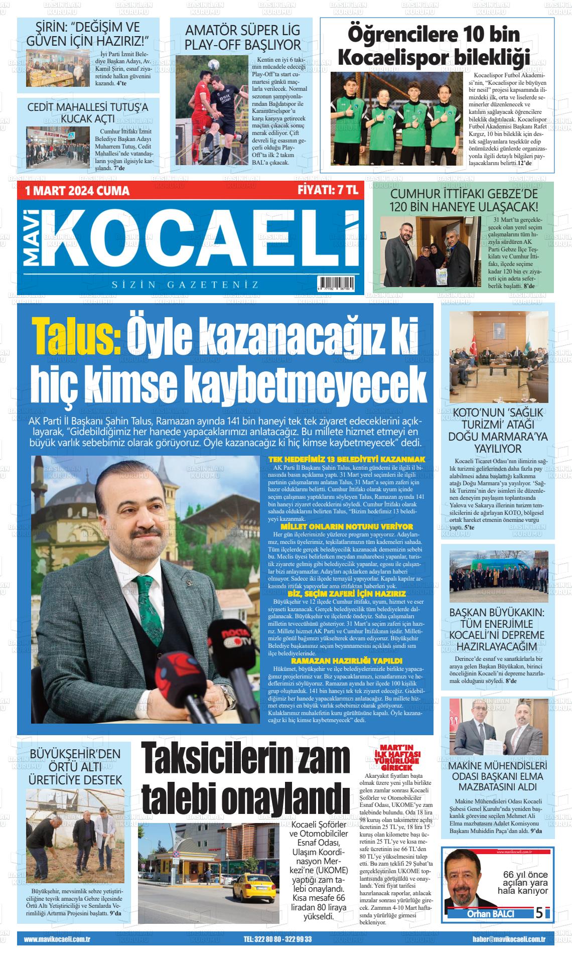 01 Mart 2024 Mavi Kocaeli Gazete Manşeti