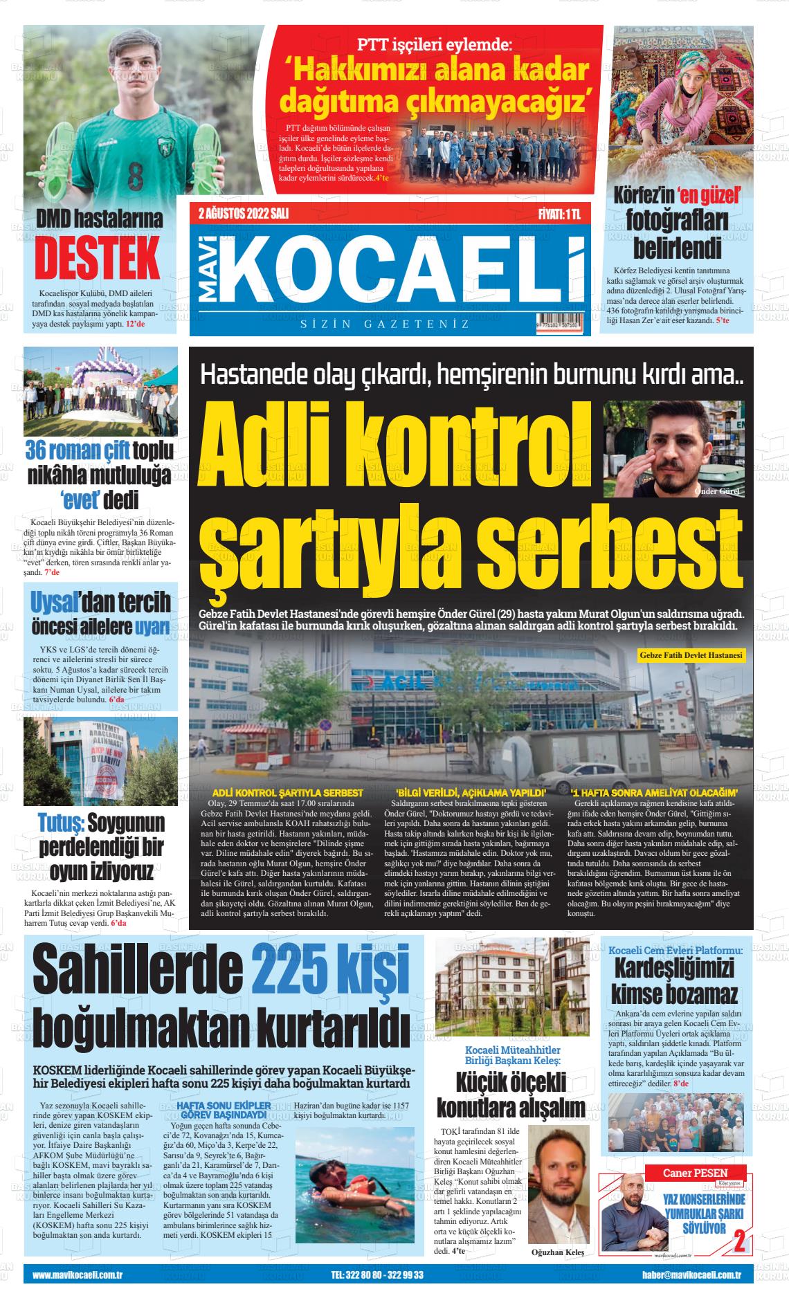 02 Ağustos 2022 Mavi Kocaeli Gazete Manşeti