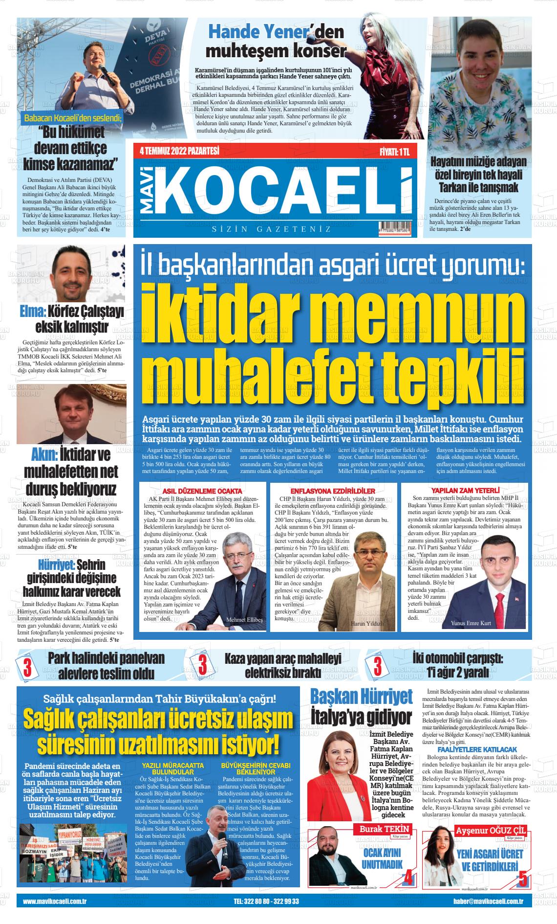 01 Eylül 2022 Mavi Kocaeli Gazete Manşeti