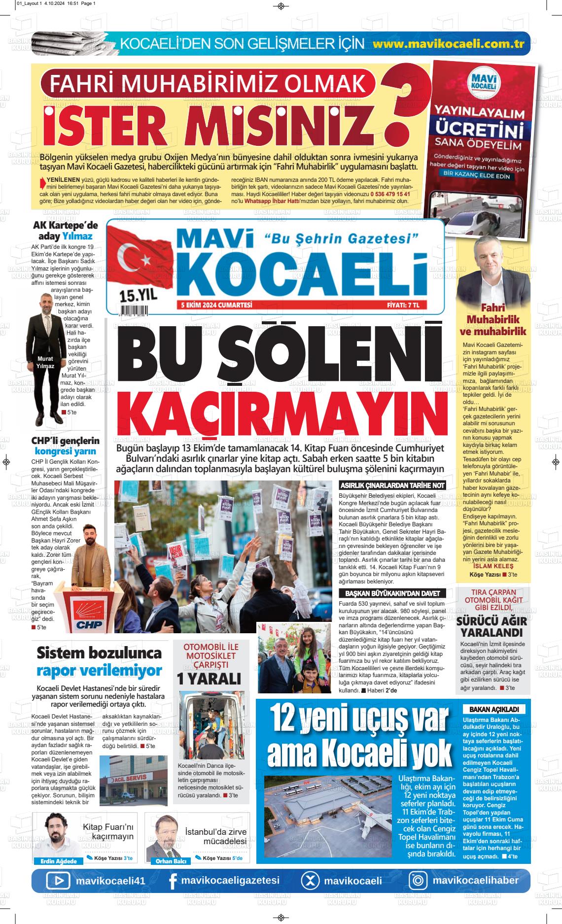 05 Ekim 2024 Mavi Kocaeli Gazete Manşeti