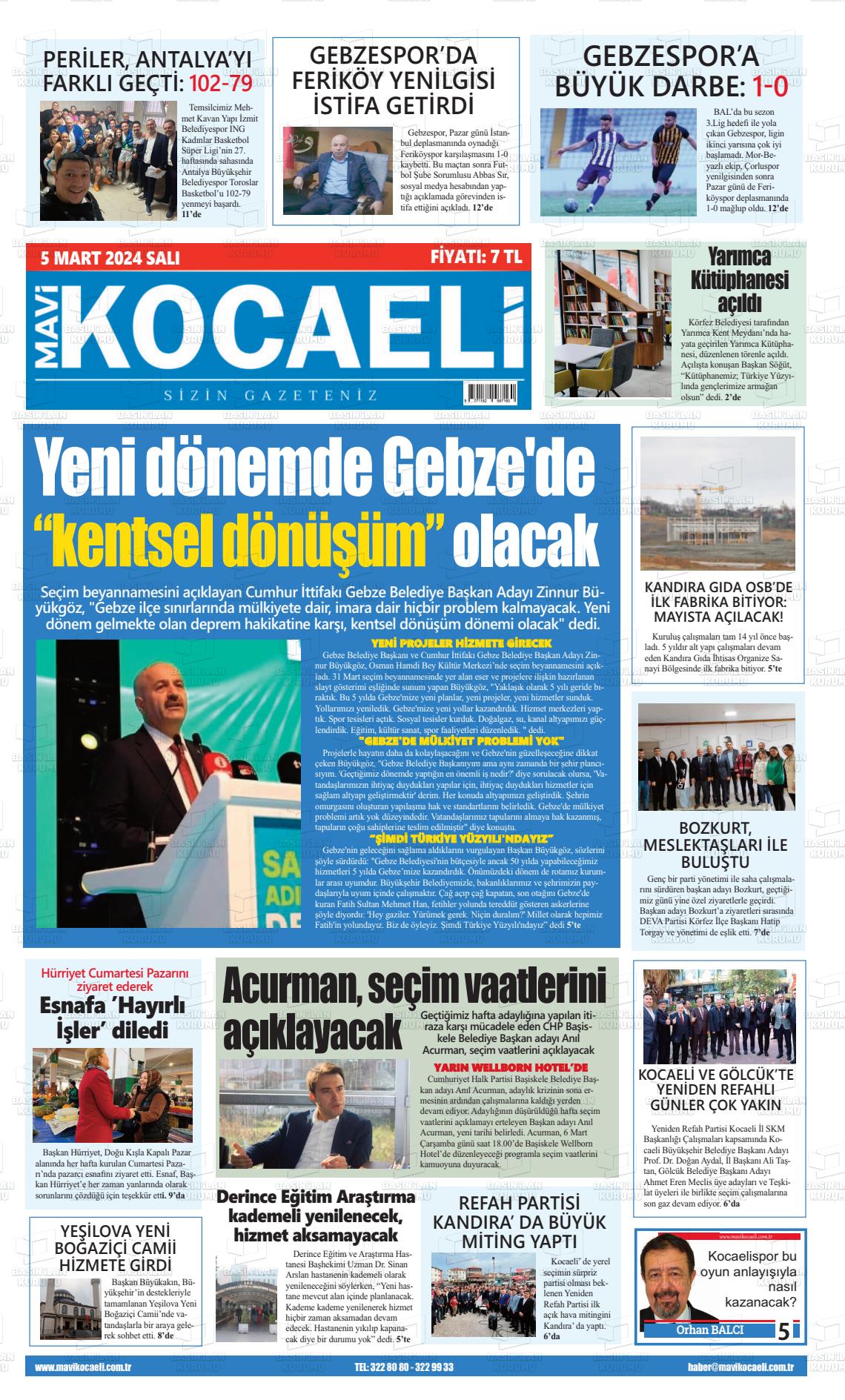 06 Mart 2024 Mavi Kocaeli Gazete Manşeti