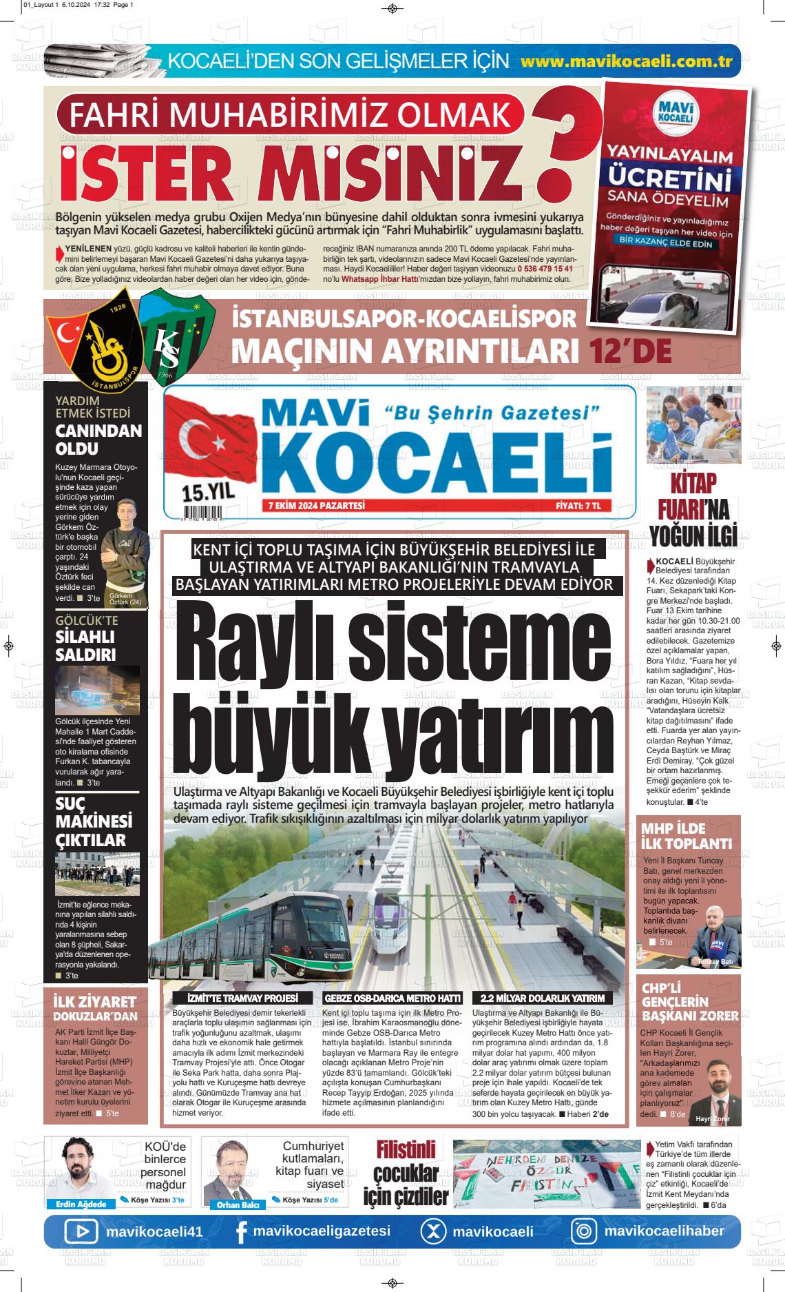 07 Ekim 2024 Mavi Kocaeli Gazete Manşeti