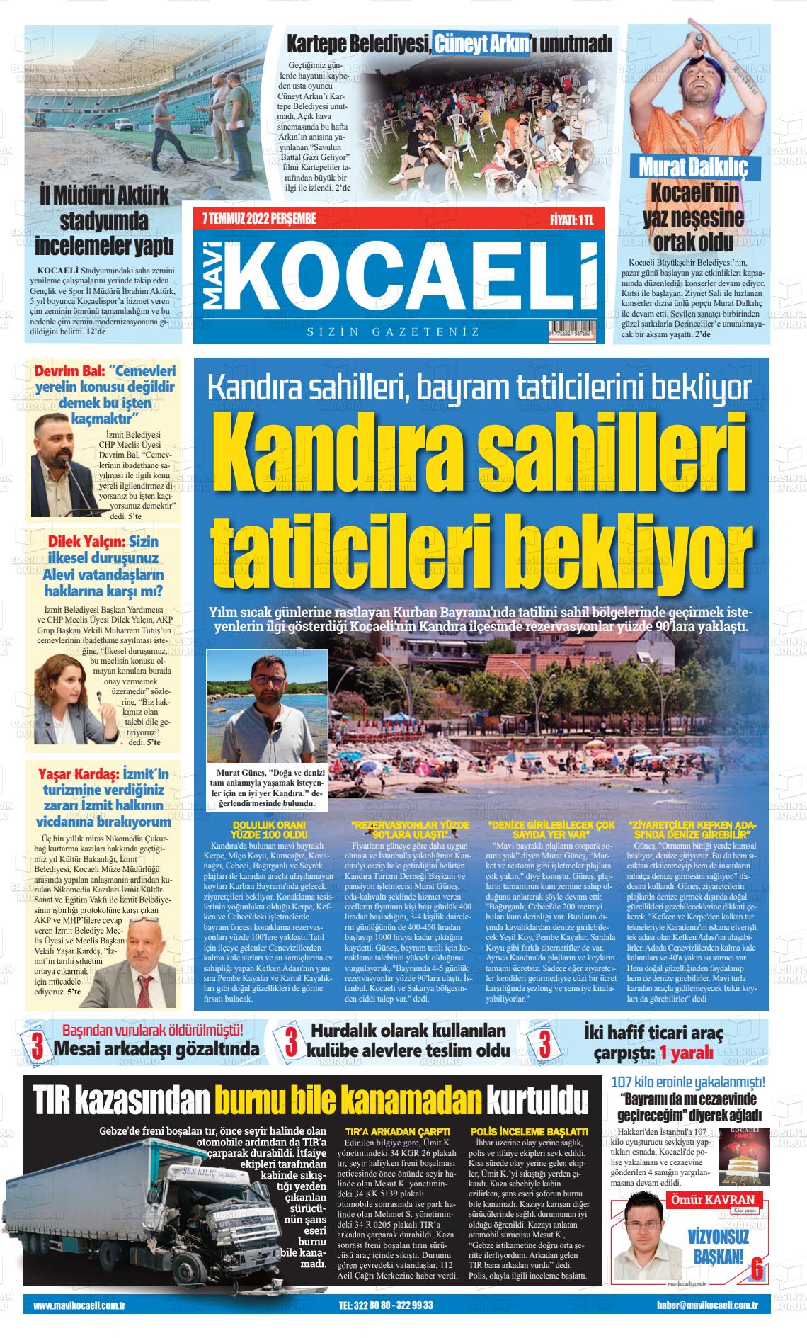 07 Temmuz 2022 Mavi Kocaeli Gazete Manşeti