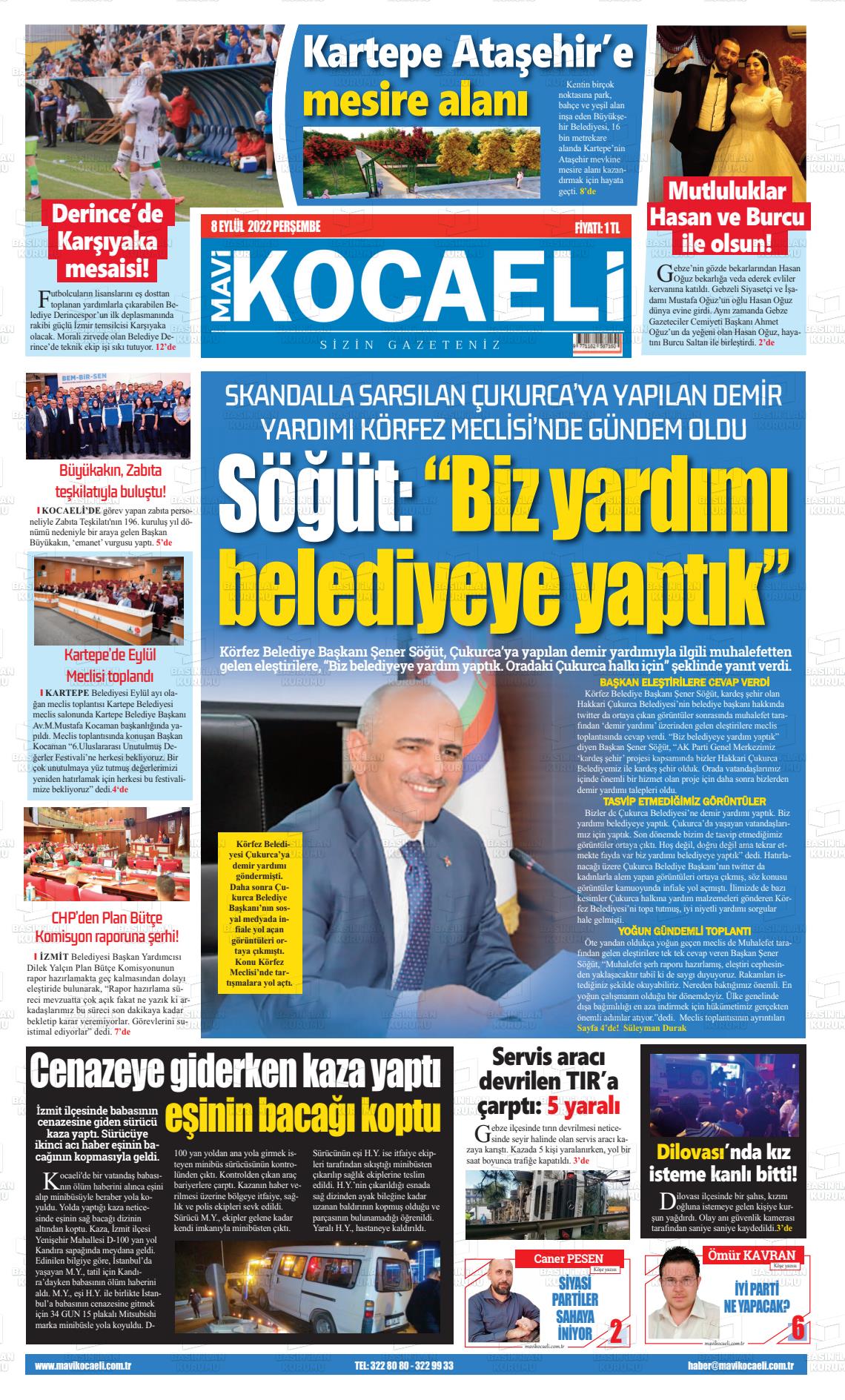 08 Eylül 2022 Mavi Kocaeli Gazete Manşeti