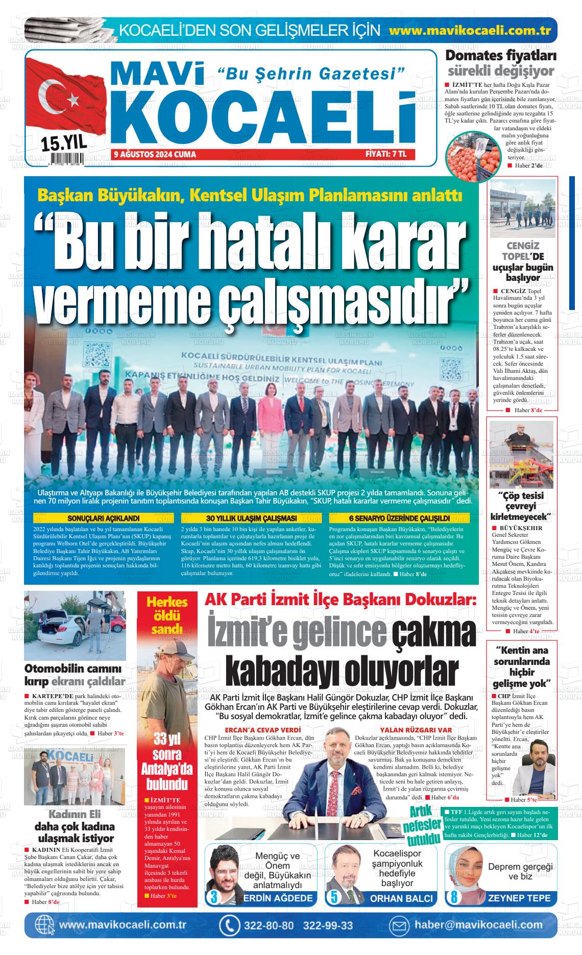 09 Ağustos 2024 Mavi Kocaeli Gazete Manşeti