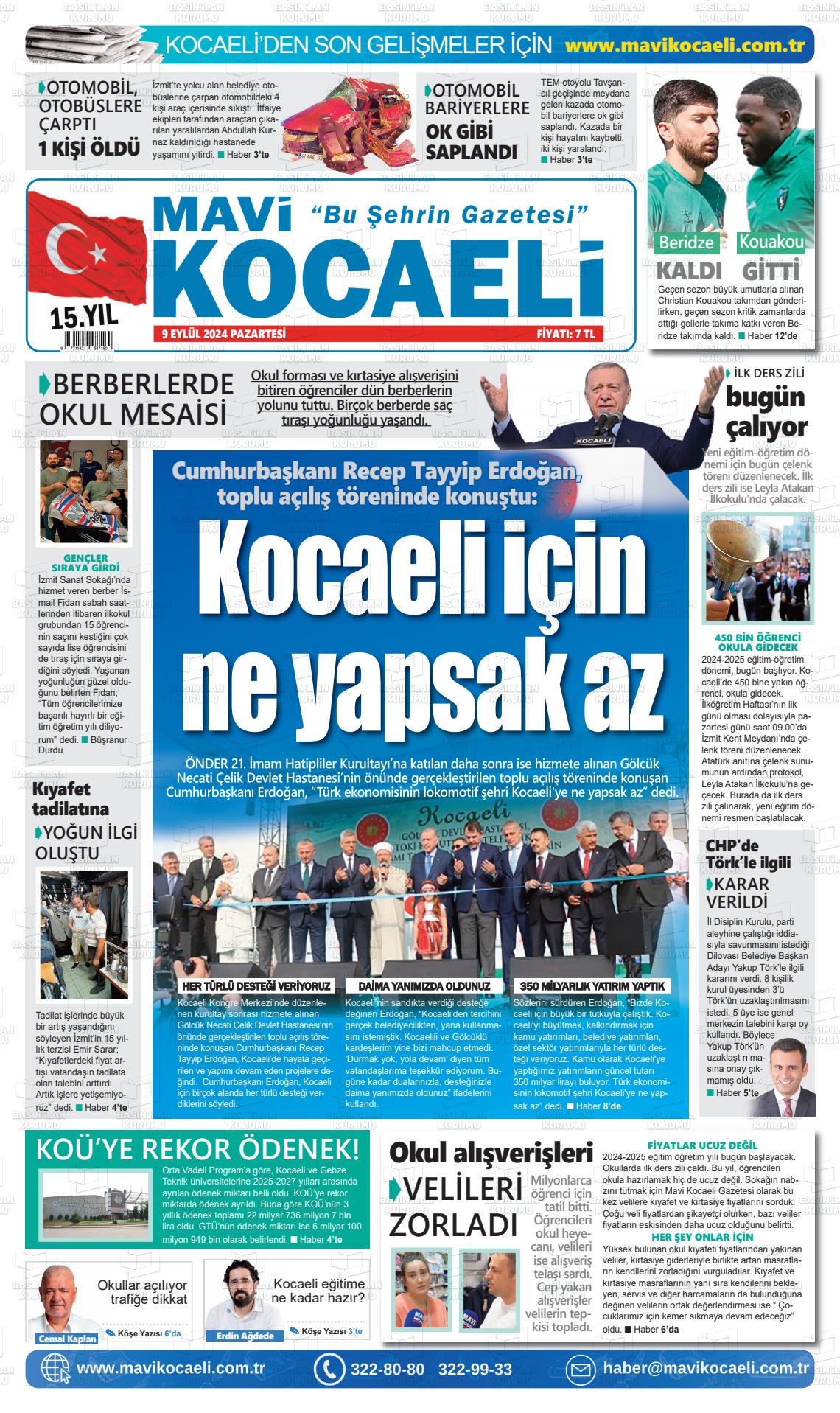 09 Eylül 2024 Mavi Kocaeli Gazete Manşeti