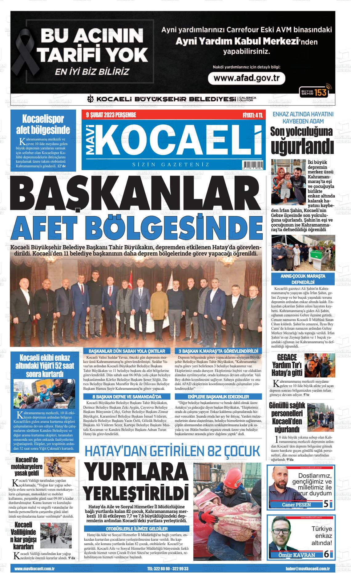 09 Şubat 2023 Mavi Kocaeli Gazete Manşeti