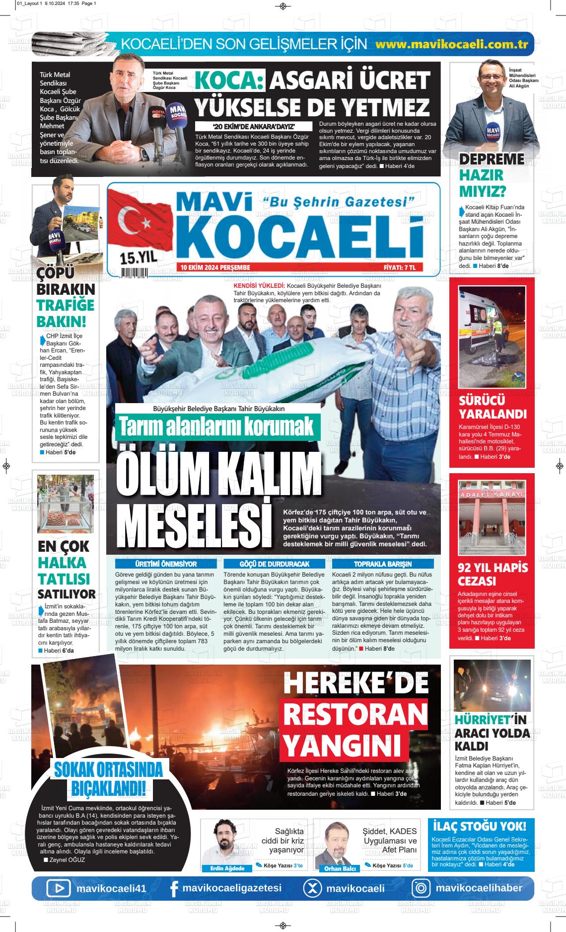 10 Ekim 2024 Mavi Kocaeli Gazete Manşeti