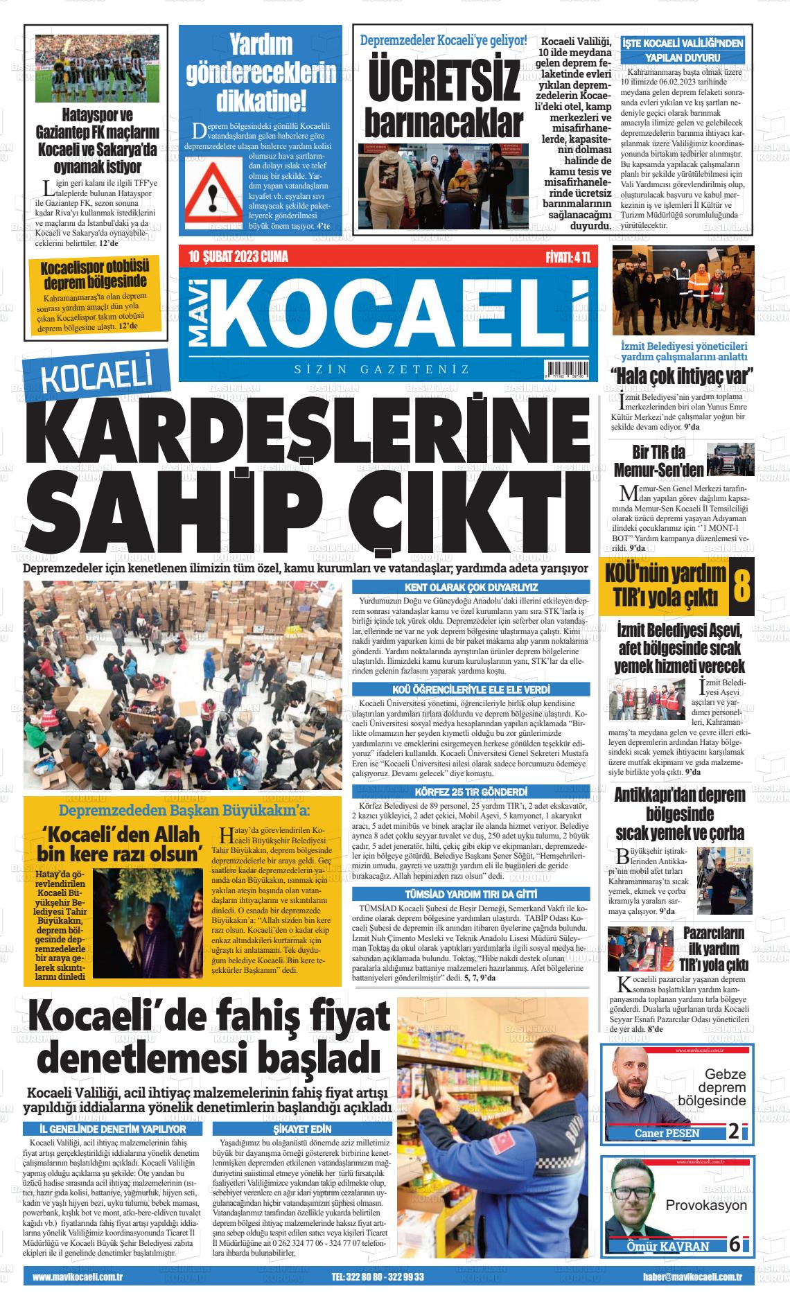 10 Şubat 2023 Mavi Kocaeli Gazete Manşeti
