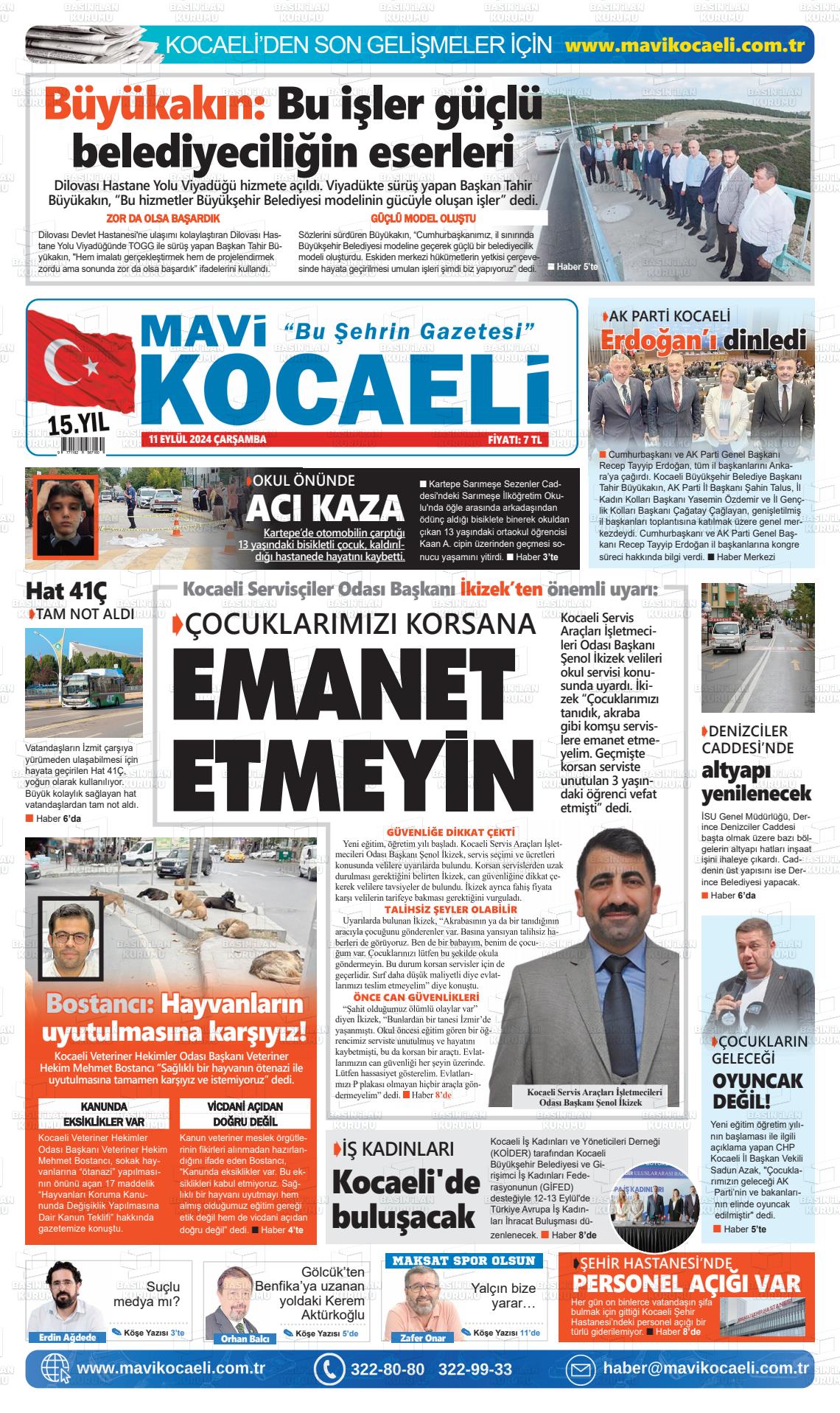 11 Eylül 2024 Mavi Kocaeli Gazete Manşeti