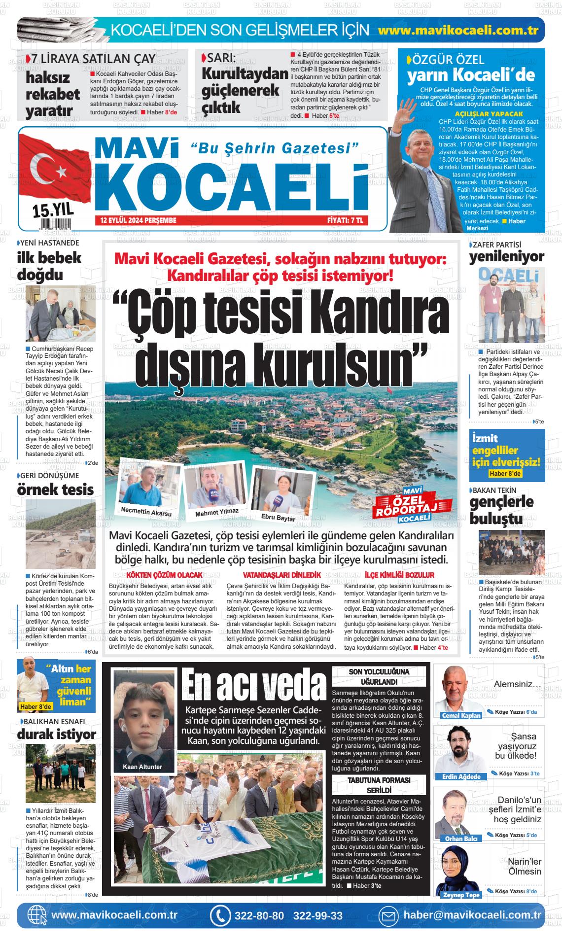 12 Eylül 2024 Mavi Kocaeli Gazete Manşeti