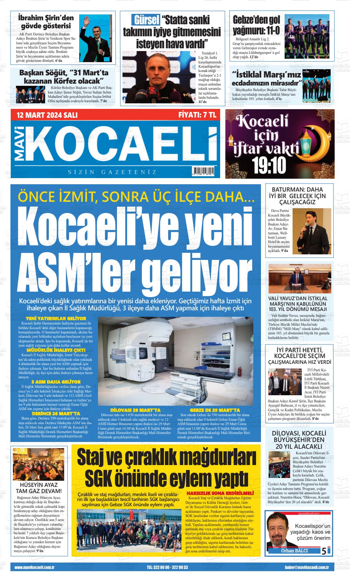 12 Mart 2024 Mavi Kocaeli Gazete Manşeti