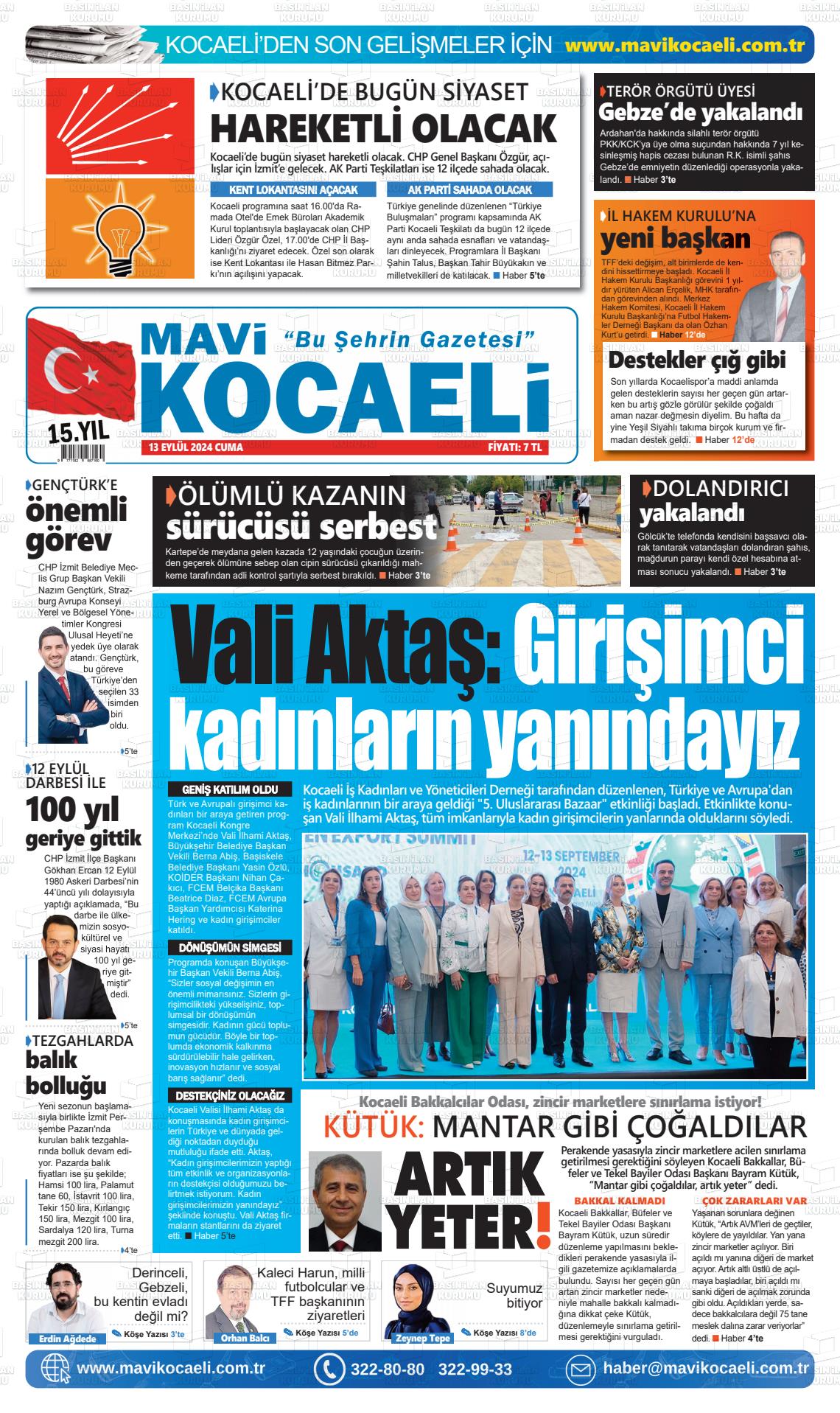 13 Eylül 2024 Mavi Kocaeli Gazete Manşeti