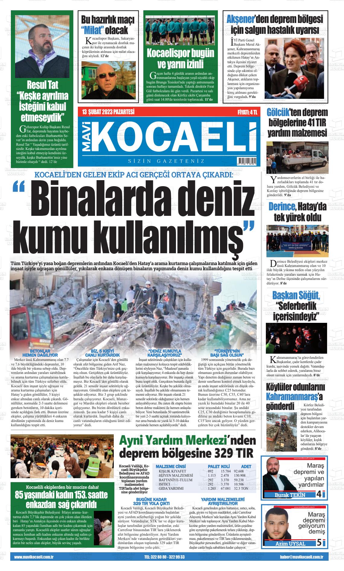 13 Şubat 2023 Mavi Kocaeli Gazete Manşeti