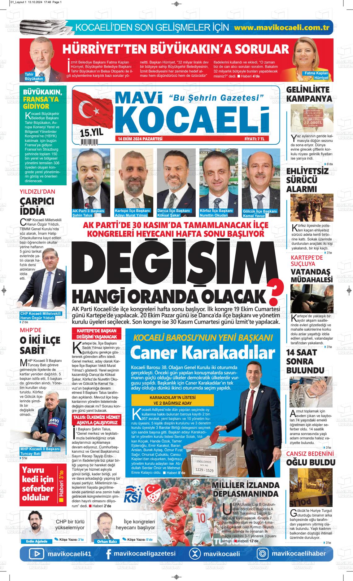 14 Ekim 2024 Mavi Kocaeli Gazete Manşeti