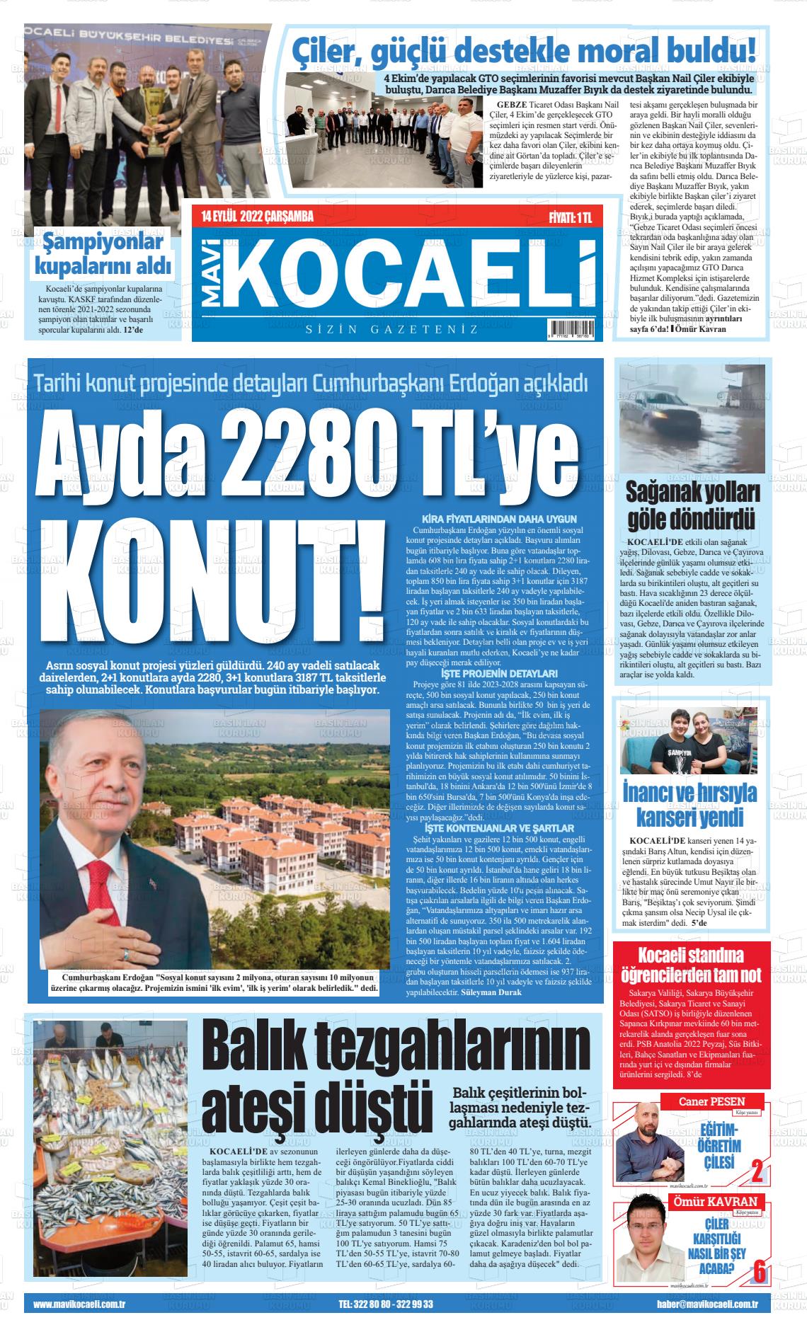 14 Eylül 2022 Mavi Kocaeli Gazete Manşeti