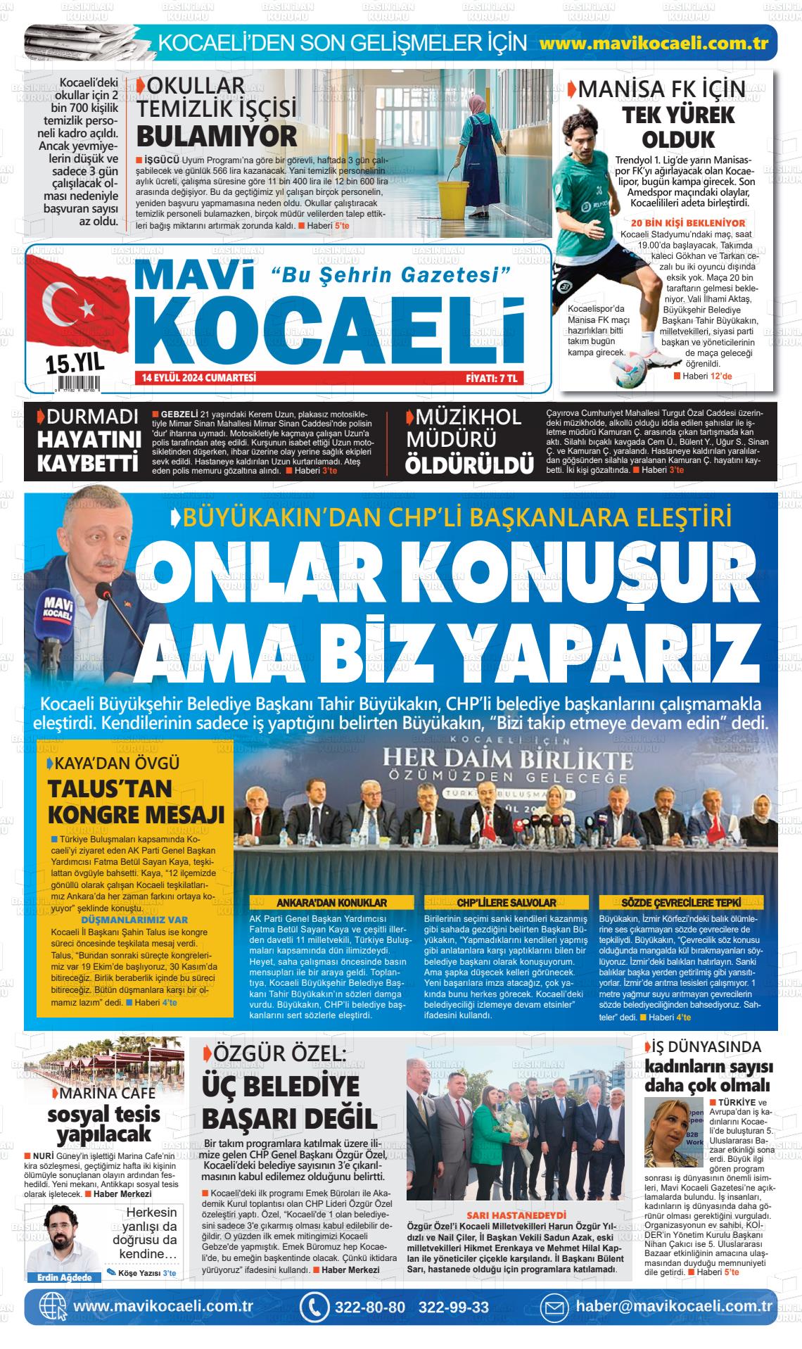 14 Eylül 2024 Mavi Kocaeli Gazete Manşeti