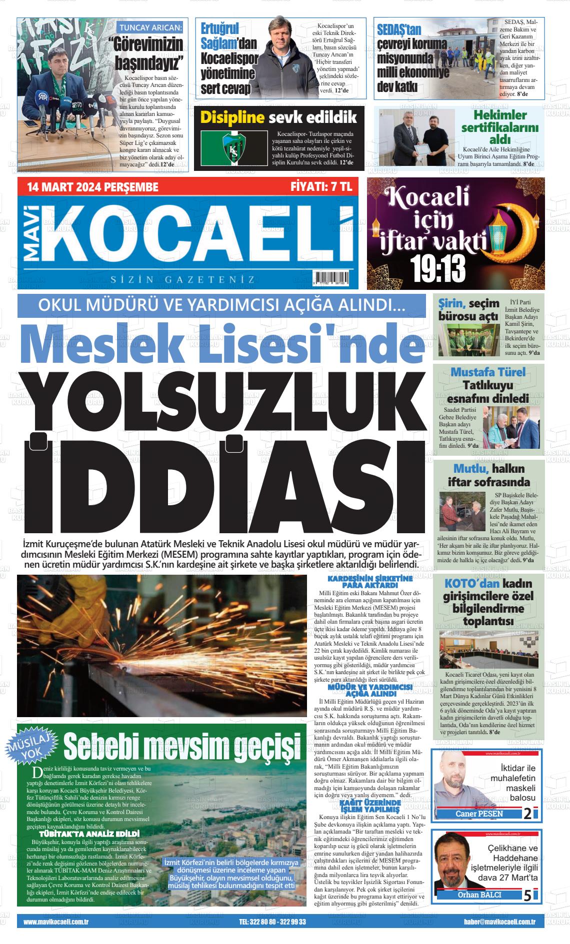 14 Mart 2024 Mavi Kocaeli Gazete Manşeti